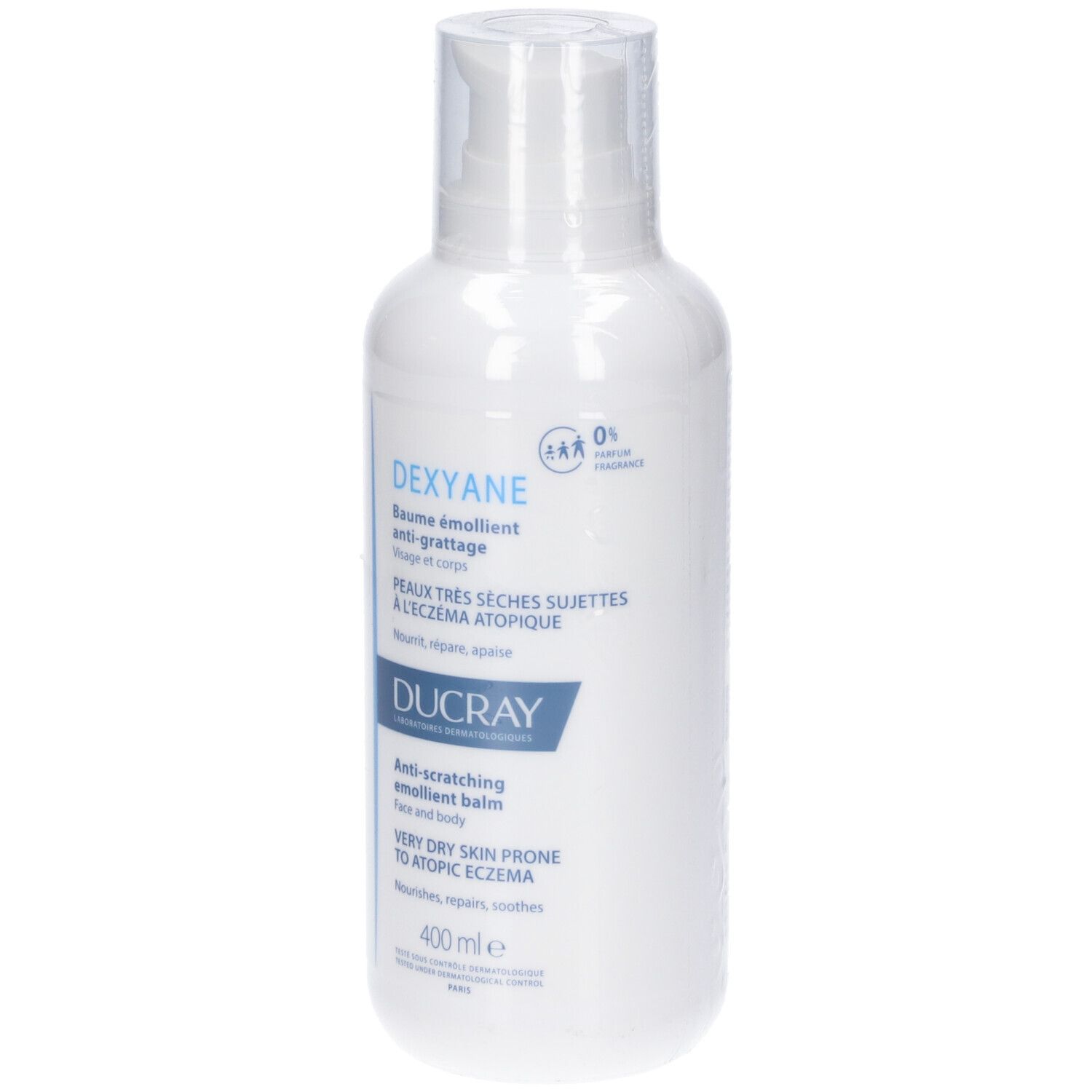 Weiße Flasche mit Pumpverschluss. Aufschrift: DUCRAY Dexyane Anti-Grattage Balsam. Für sehr trockene Haut.