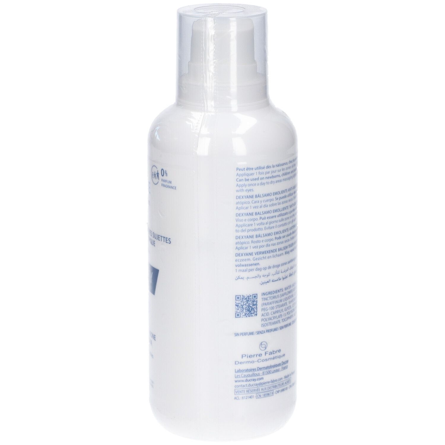 Weiße Flasche, Seitenansicht. Text: DUCRAY Dexyane. Informationen und Inhaltsstoffe. QR-Code.