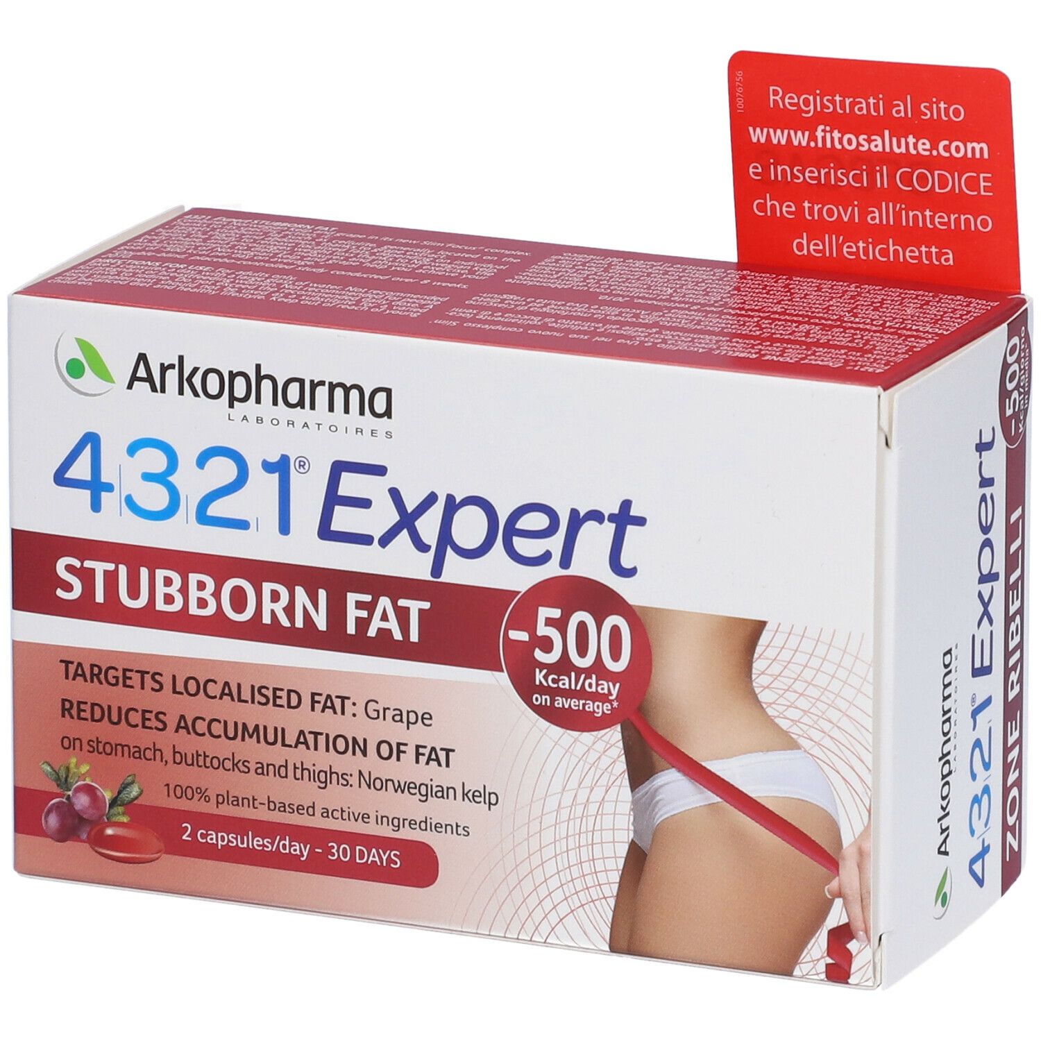 Boîte Arkopharma 4321 Expert Stubborn Fat. Informations et image du produit. Contient une illustration de femme et une étiquette.