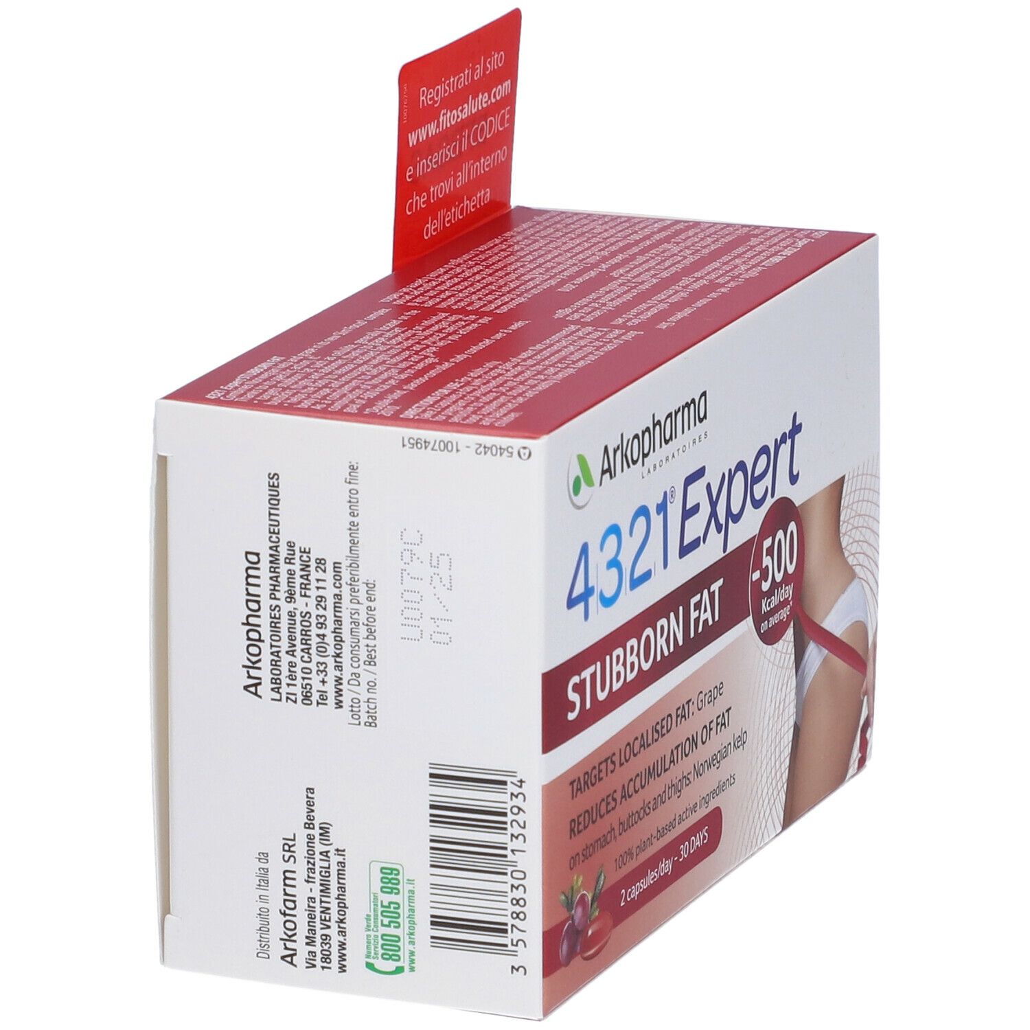 Boîte Arkopharma 4321 Expert Stubborn Fat. Informations et image du produit. Contient une illustration de femme et une étiquette.