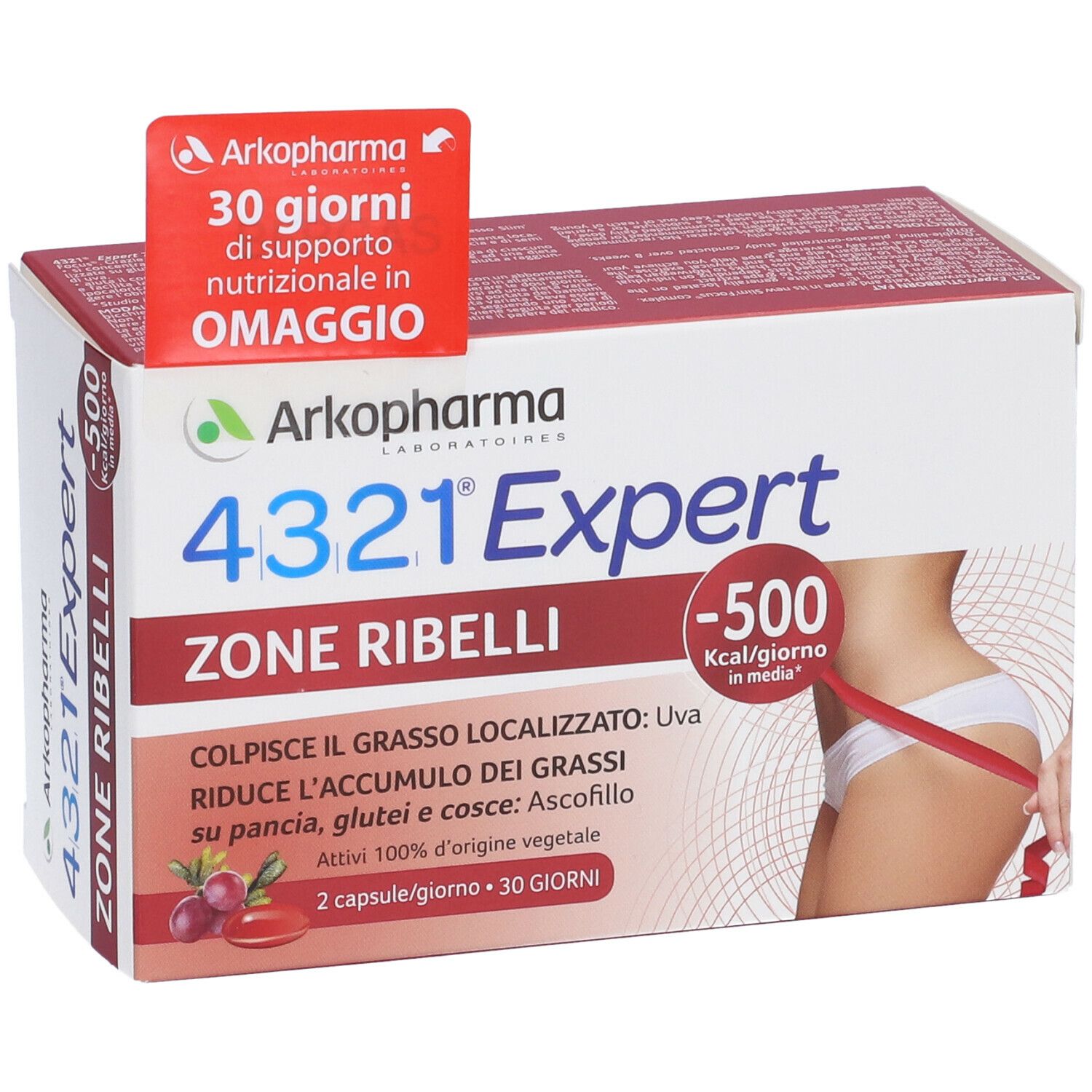Boîte Arkopharma 4321 Expert Zone Ribelli. Informations et image du produit. Contient une illustration de femme et une étiquette.