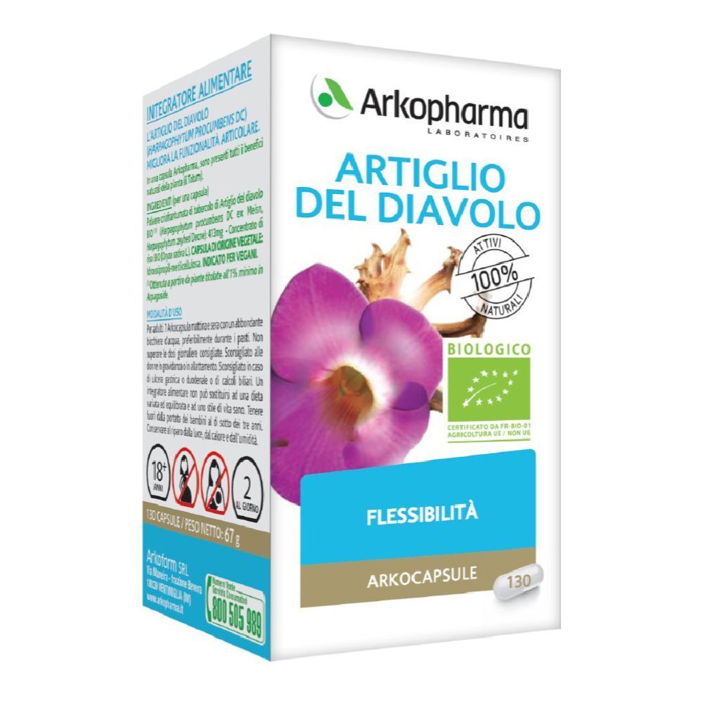 Scatola di Arkocapsule Artiglio Del Diavolo Bio. Scritte: Arkopharma, Artiglio Del Diavolo, 100% naturale, biologico.