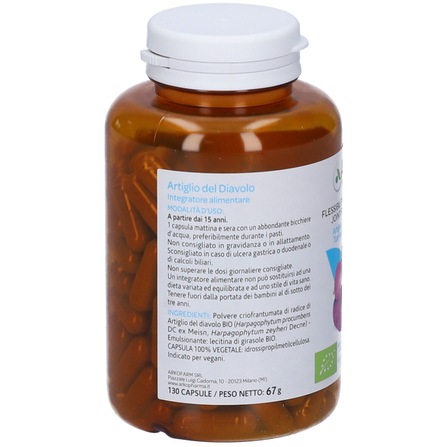 Flacone marrone con capsule. Scritte: Artiglio del Diavolo, 130 capsule, 67g. Con coperchio bianco.