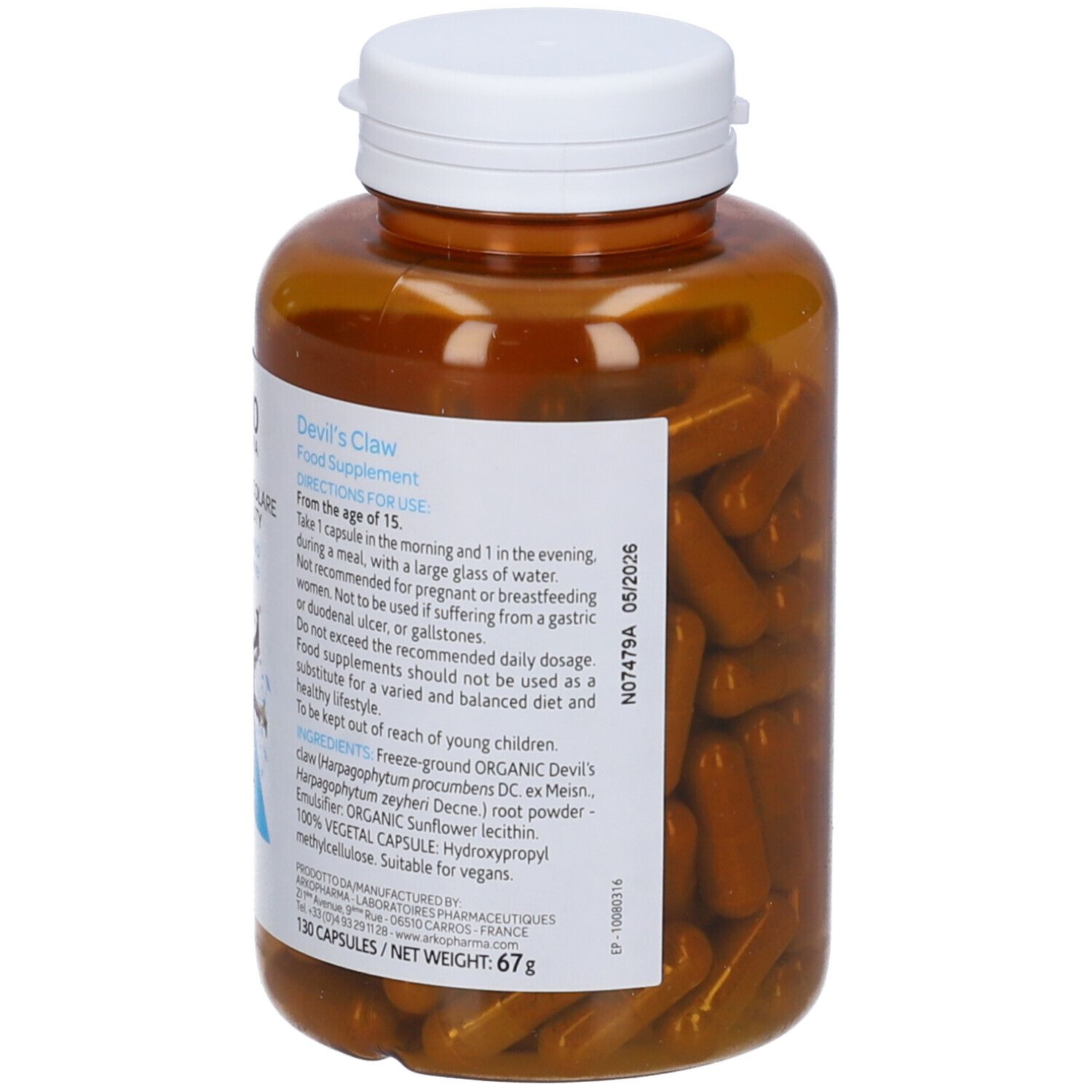 Flacone marrone con capsule. Scritte: Devil's Claw, 130 capsule, 67g. Con coperchio bianco.
