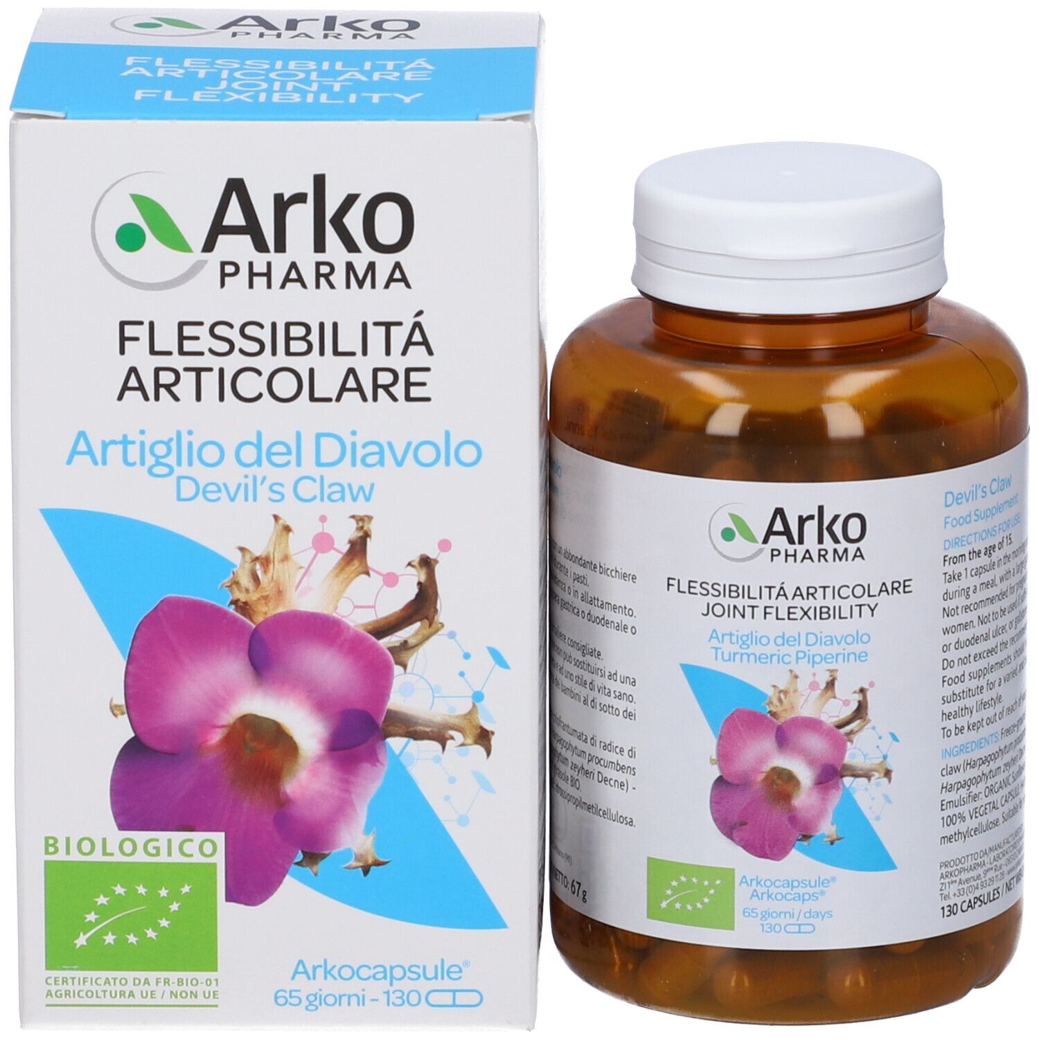 Confezione e flacone di capsule. Scritte: Arkopharma, Artiglio del Diavolo, 130 capsule, biologico.