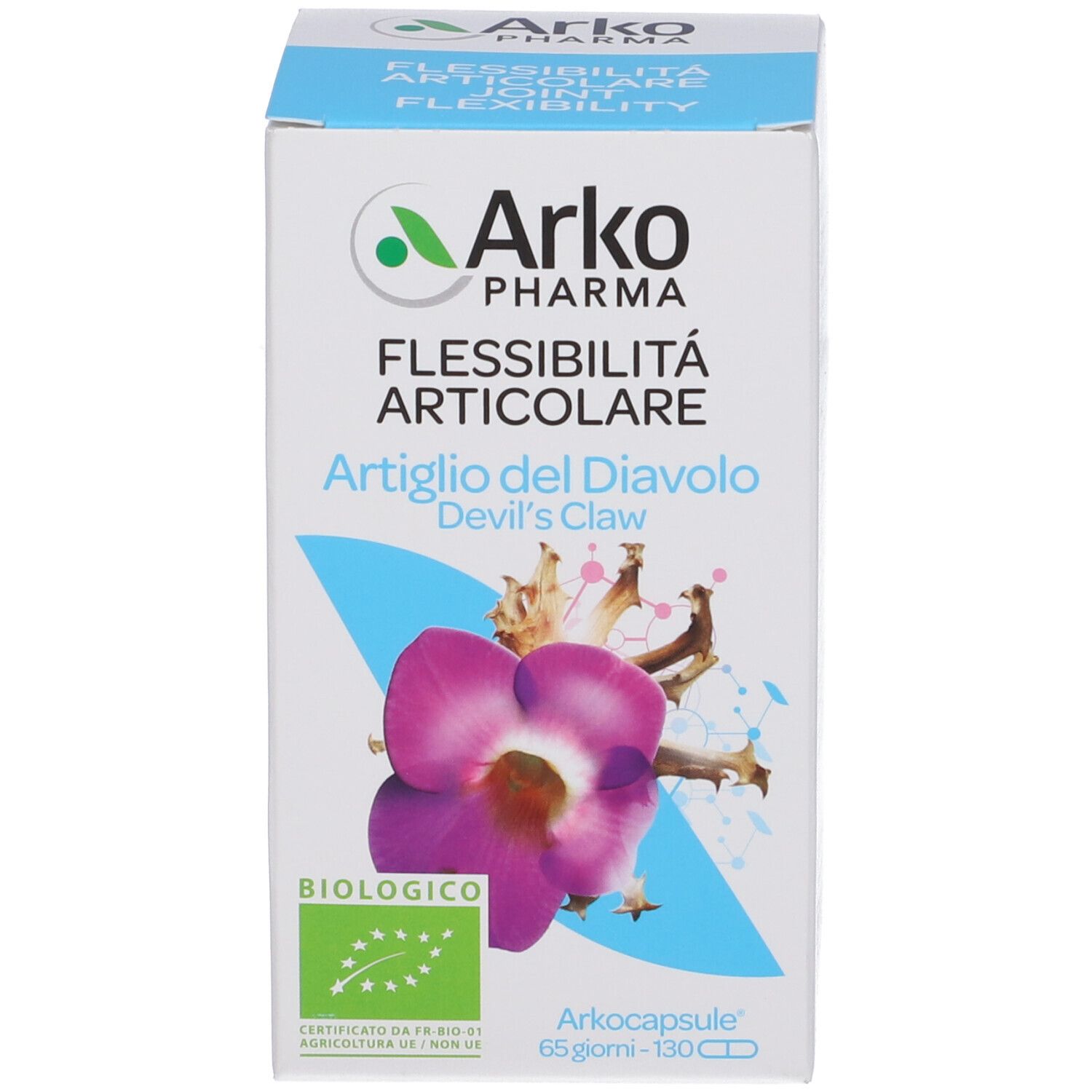 Confezione del prodotto. Scritte: Arkopharma, Artiglio del Diavolo, biologico, 65 giorni.