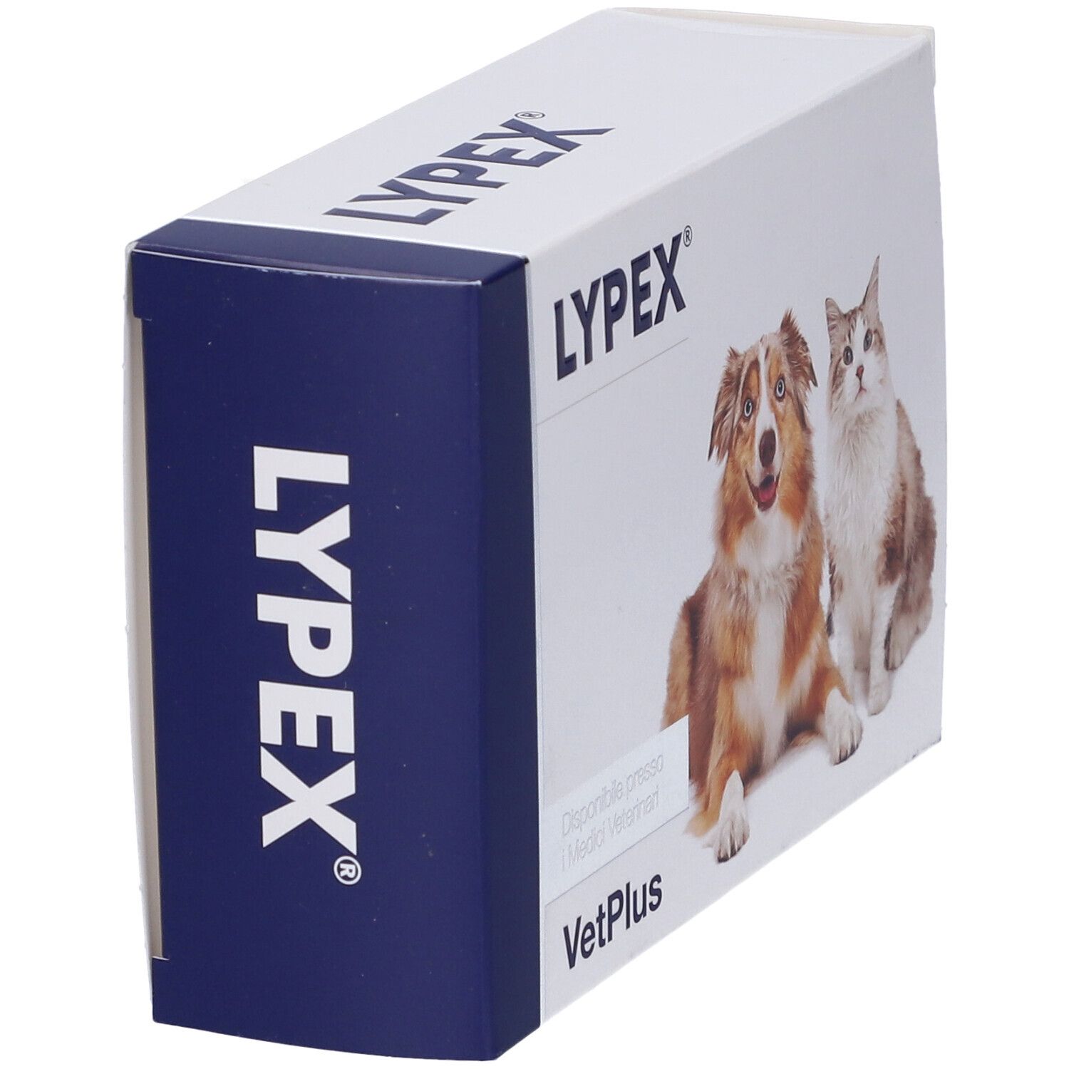 Confezione di Lypex. Sono raffigurati un cane e un gatto. Il nome del marchio e VetPlus sono visibili. La confezione è inclinata.