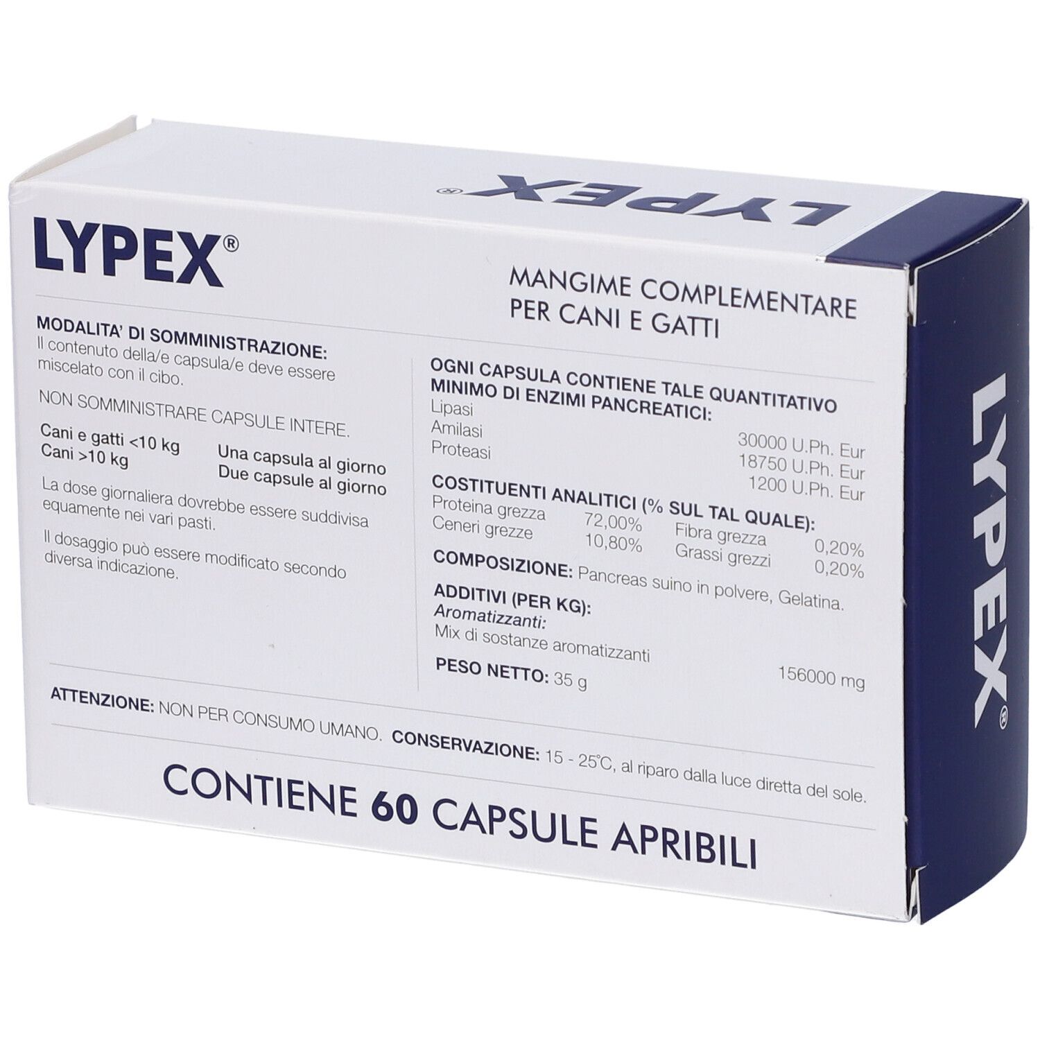 Confezione di Lypex. Sono raffigurati un cane e un gatto. Testo e informazioni sulla confezione.