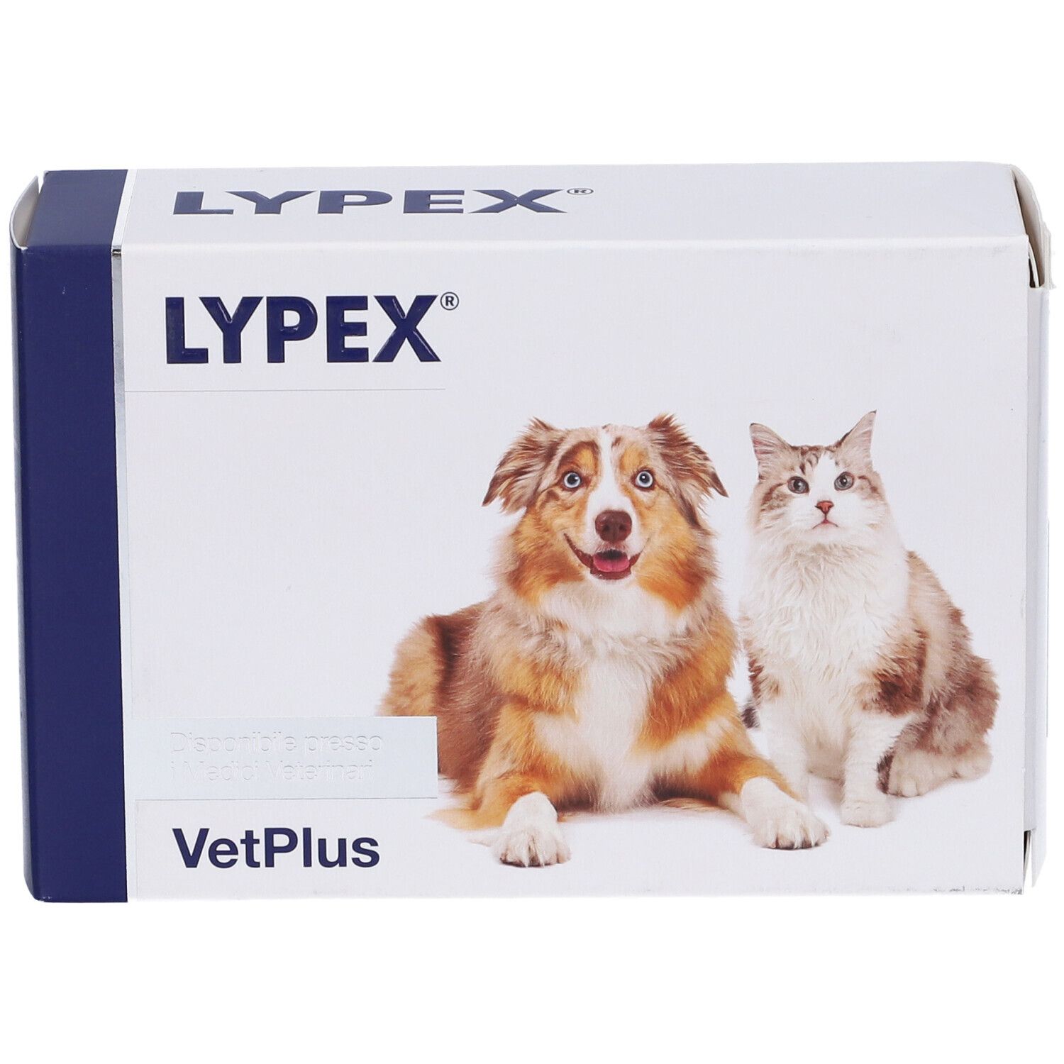 Confezione di Lypex. Sono raffigurati un cane e un gatto. Il nome del marchio e VetPlus sono visibili.