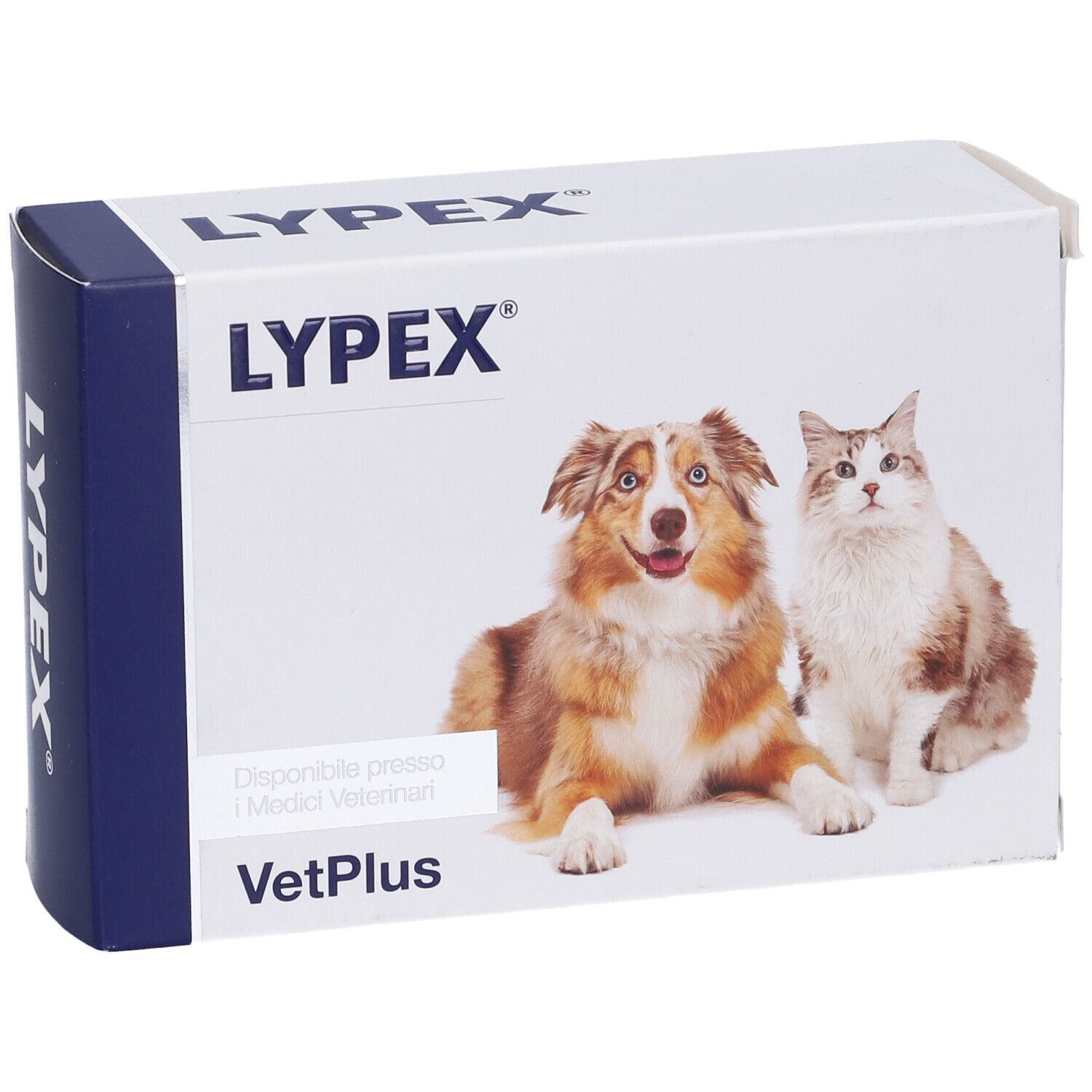 Confezione di Lypex. Sono raffigurati un cane e un gatto. Il nome del marchio e VetPlus sono visibili.