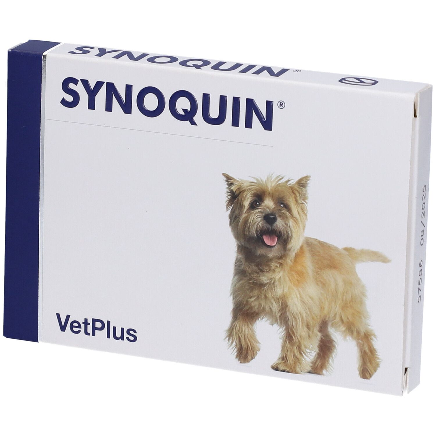 Scatola bianca con logo "SYNOQUIN" e cane. "VetPlus" sotto. Lati blu.