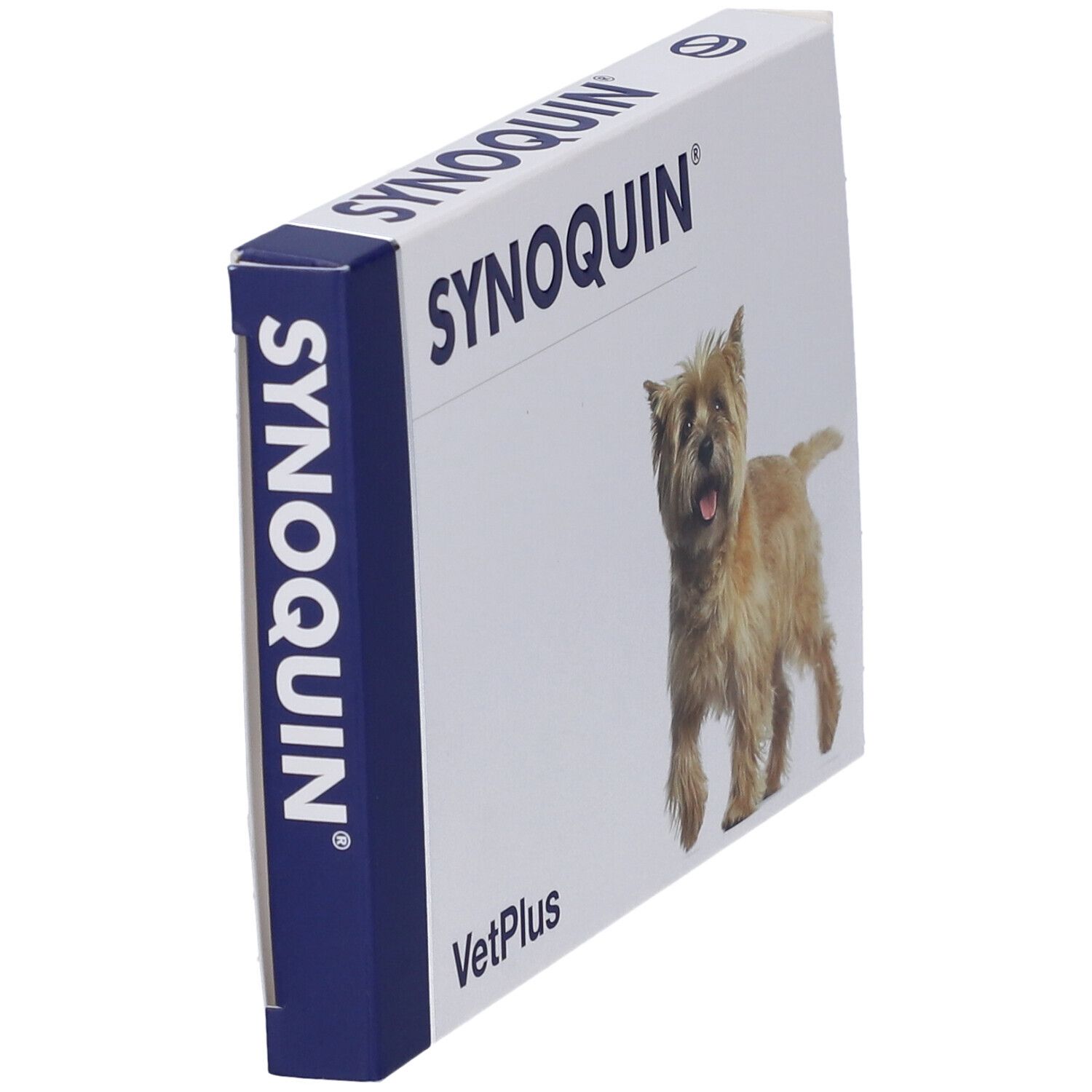 Scatola bianca con logo "SYNOQUIN" e cane. Lato blu. "VetPlus" in basso.