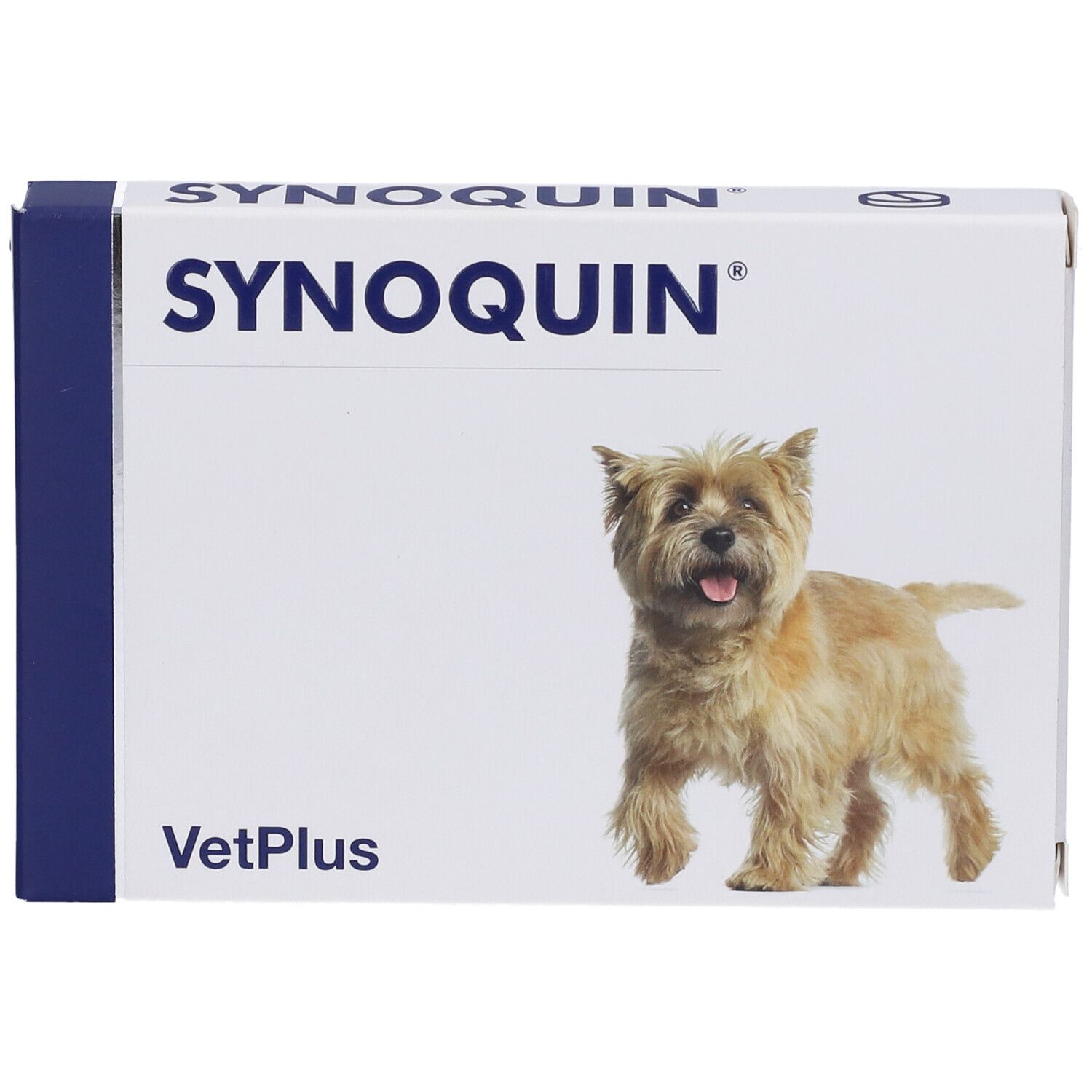 Scatola bianca con logo "SYNOQUIN" e cane. "VetPlus" sotto. Lato blu.