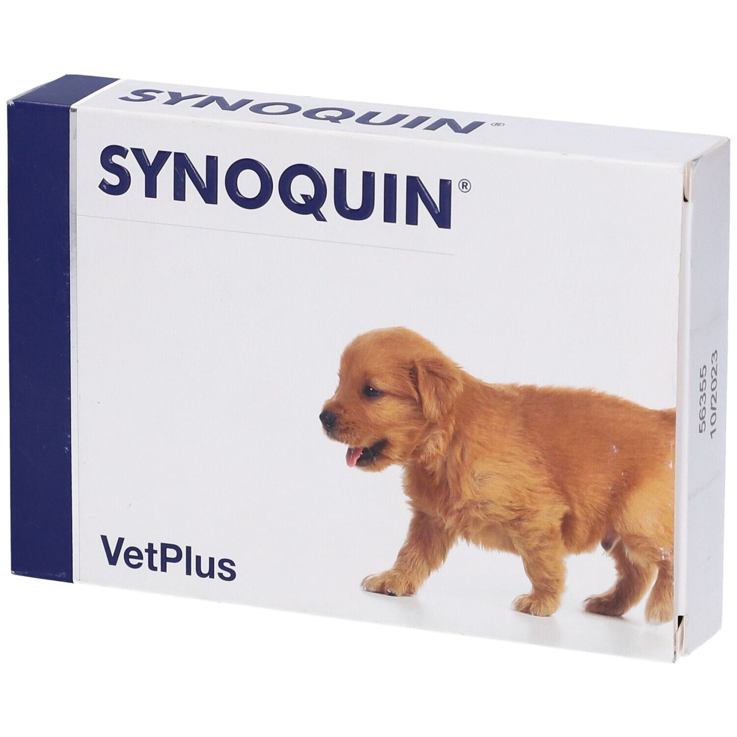 Scatola Synoquin con cucciolo. Accenti blu. Nome prodotto e logo VetPlus.