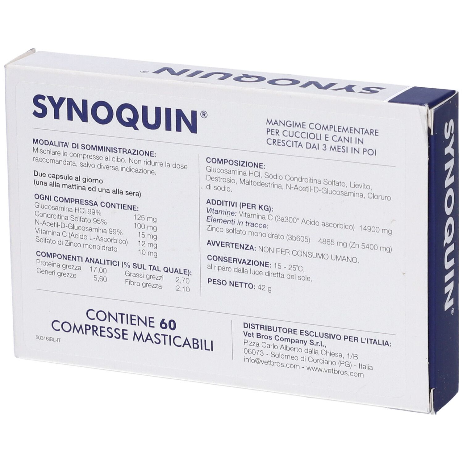 Scatola Synoquin, informazioni prodotto. Contiene 60 compresse. Accenti blu. Testo.