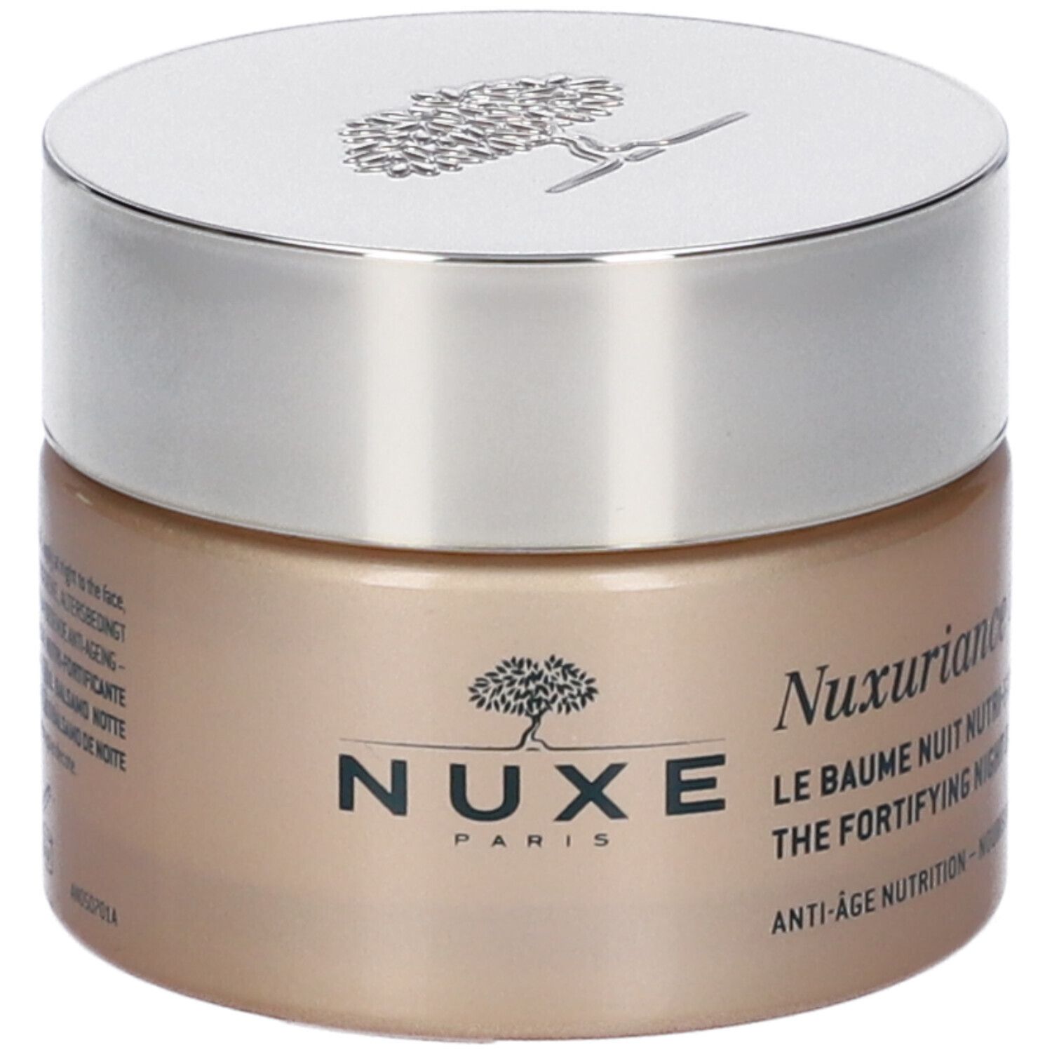 Vaso di crema con coperchio argentato. Scritta Nuxe Paris e Nuxuriance. Testo: Le Baume Nuit Nutri-Fortifiant, Anti-Age Nutrition.