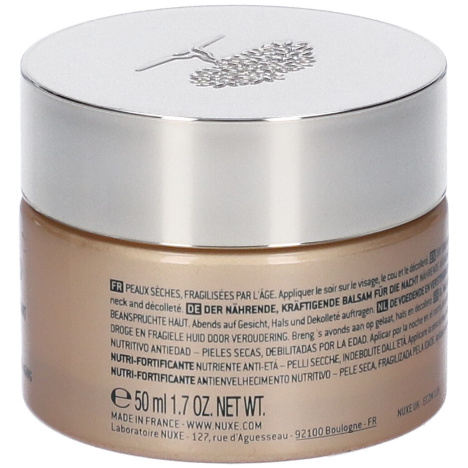 Vaso di crema con coperchio argentato. Scritta Nuxe Paris e Nuxuriance. Testo: Le Baume Nuit Nutri-Fortifiant, Anti-Age Nutrition. Dimensione: 50 ml.