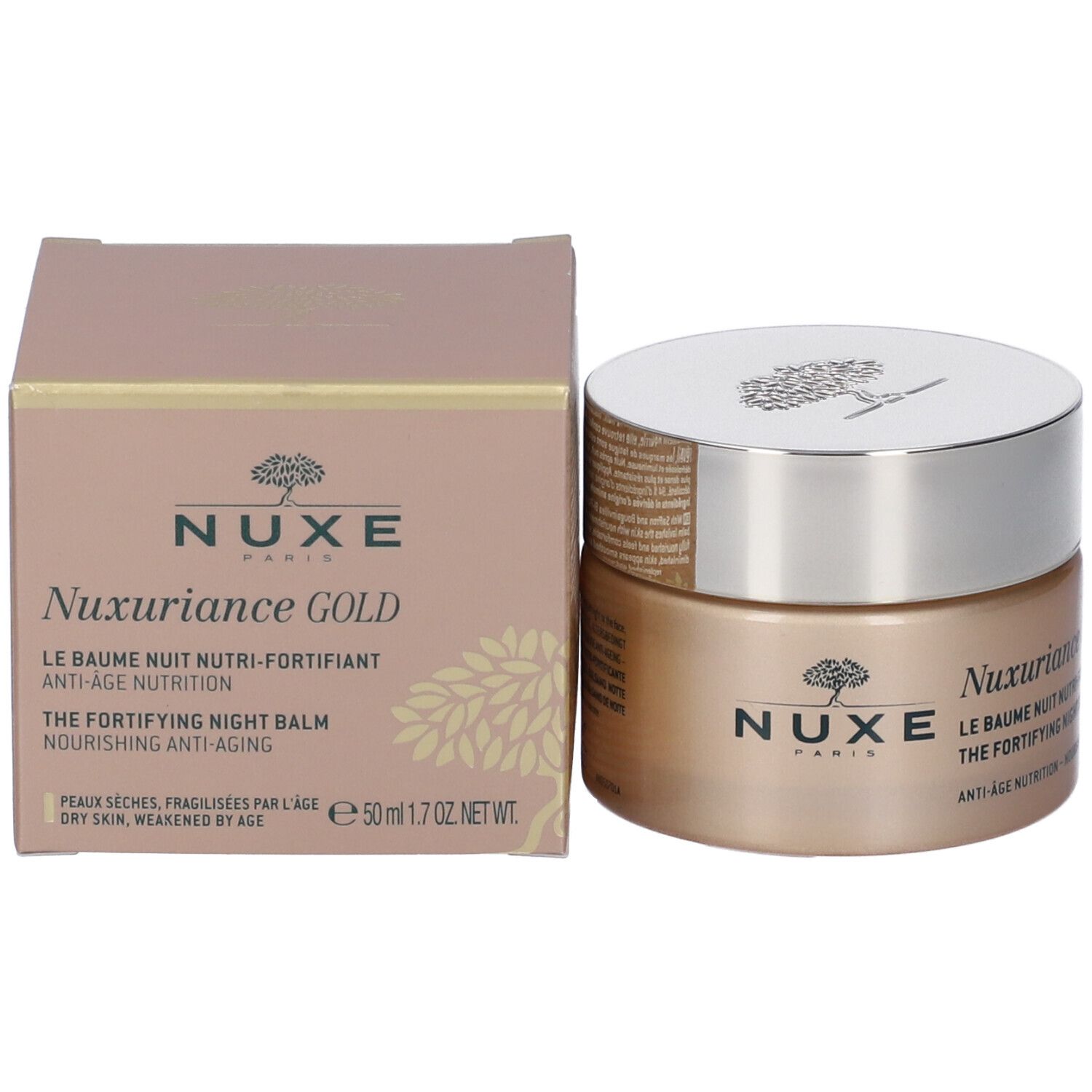 Vaso di crema e confezione. Scritta Nuxe Paris e Nuxuriance Gold. Testo: Le Baume Nuit Nutri-Fortifiant, Anti-Age Nutrition. Dimensione: 50 ml.