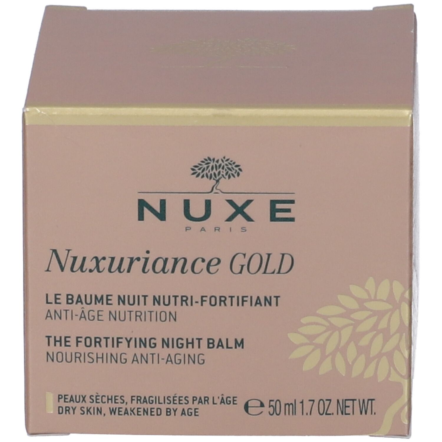 Confezione. Scritta Nuxe Paris e Nuxuriance Gold. Testo: Le Baume Nuit Nutri-Fortifiant, Anti-Age Nutrition. Dimensione: 50 ml.