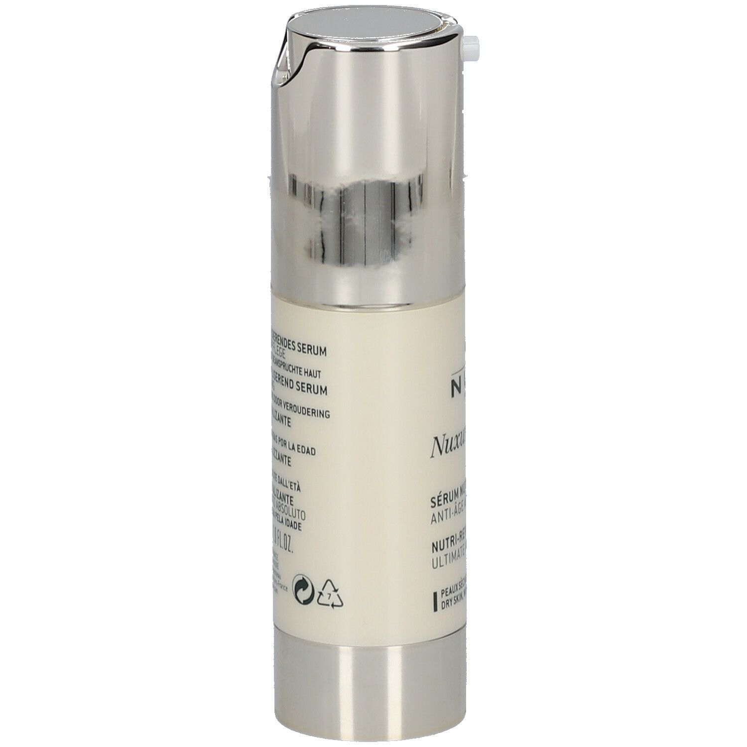 Flacone di siero, tappo argentato. Scritta: Nuxe, Nuxuriance Gold, Anti-Age Absolu. Testo sul retro.