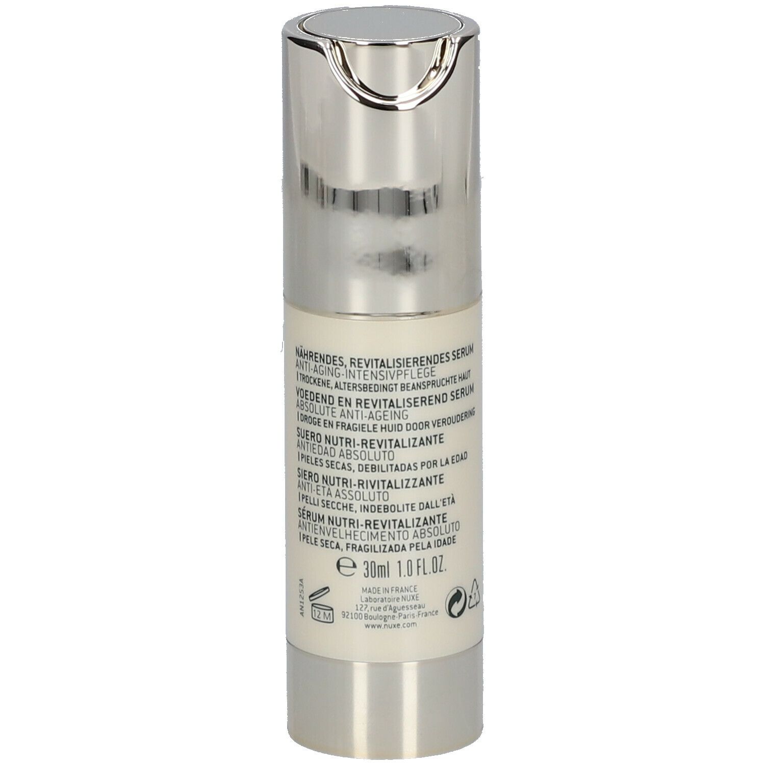 Flacone di siero, tappo argentato. Scritta: Nuxe, Nuxuriance Gold, Anti-Age Absolu. Testo sul retro.