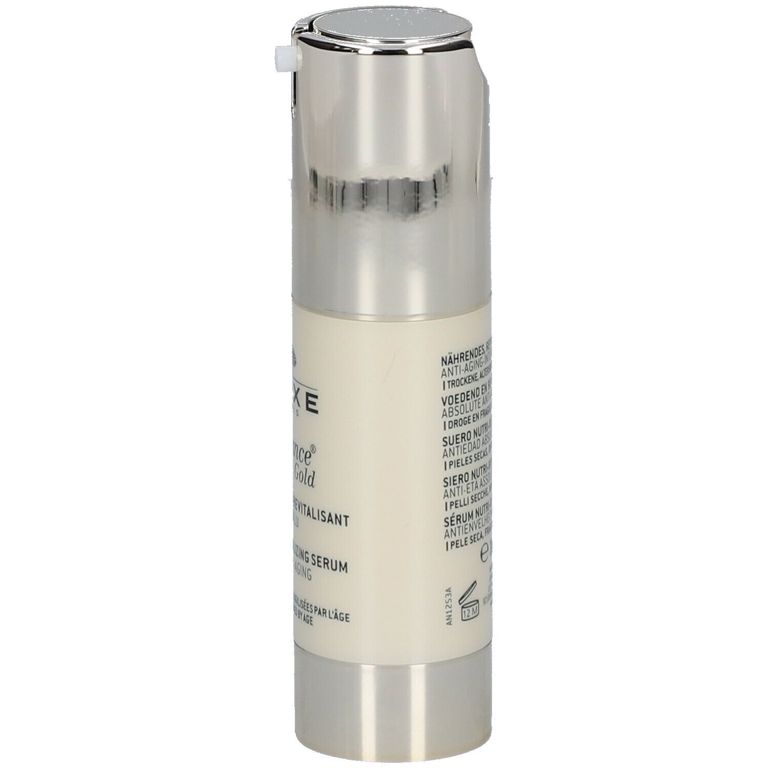 Flacone di siero, tappo argentato. Scritta: Nuxe, Nuxuriance Gold, Anti-Age Absolu. Testo sul retro.