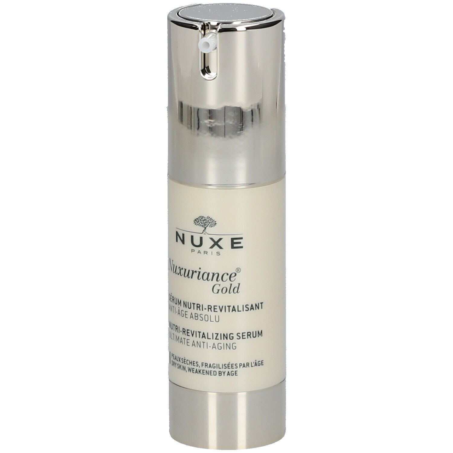 Flacone di siero con tappo argentato. Scritta: Nuxe, Nuxuriance Gold, Anti-Age Absolu.