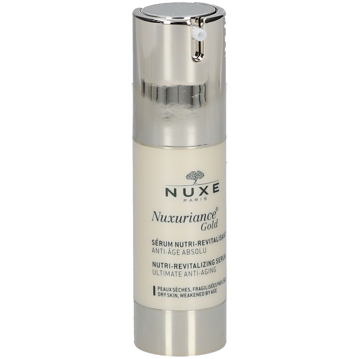 Flacone di siero con tappo argentato. Scritta: Nuxe, Nuxuriance Gold, Anti-Age Absolu.