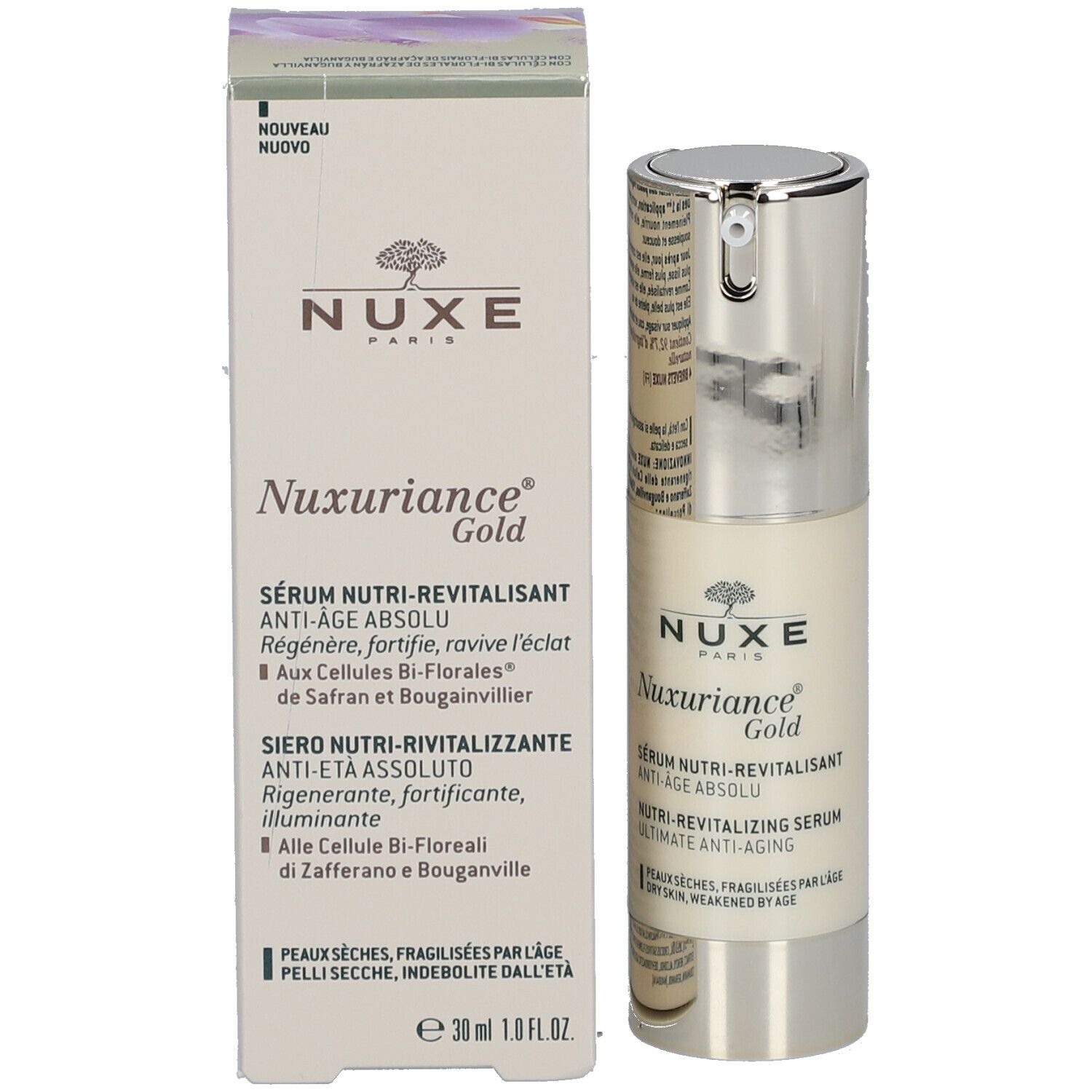 Confezione e flacone di siero. Scritta: Nuxe, Nuxuriance Gold, Anti-Age Absolu. Nuovo.