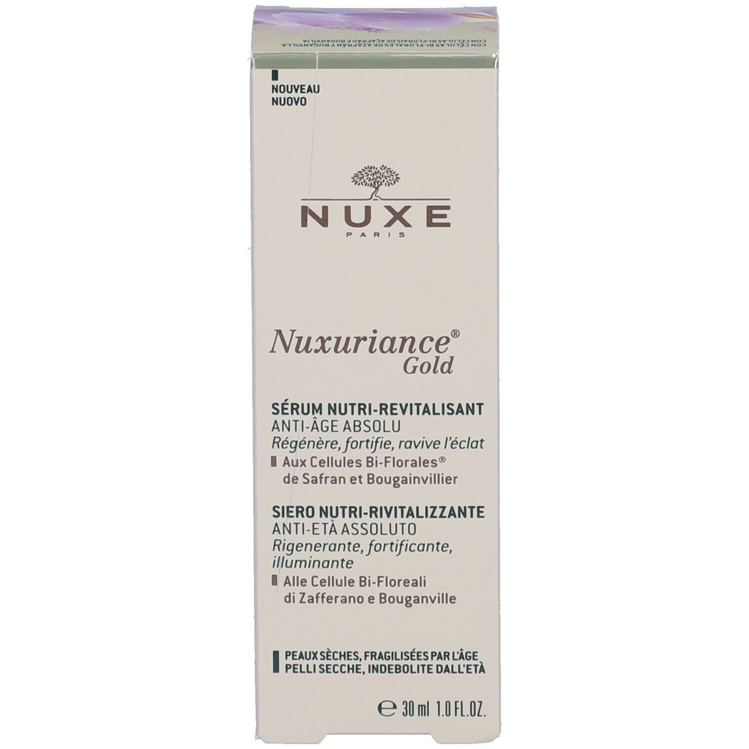 Confezione del prodotto. Scritta: Nuxe, Nuxuriance Gold, Anti-Age Absolu. Nuovo.