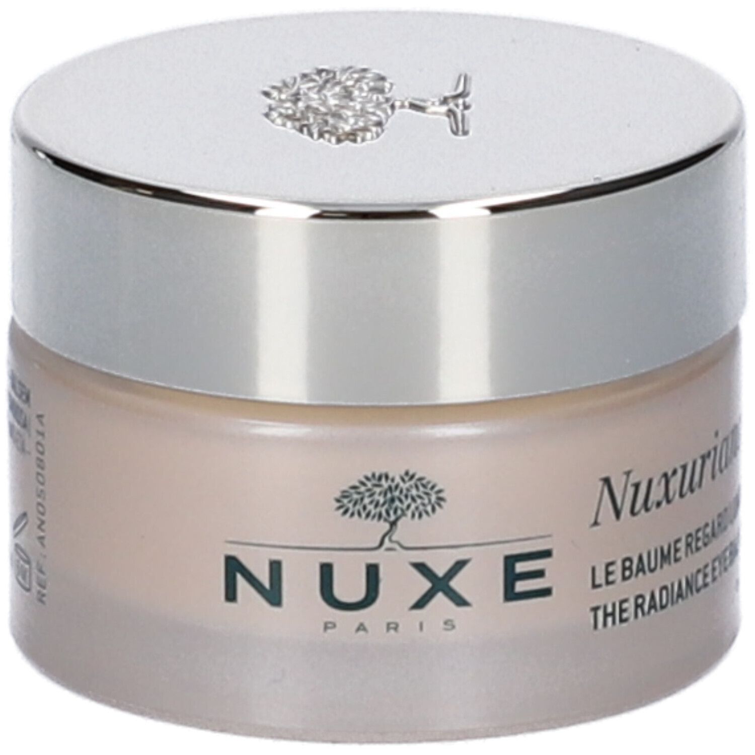 Vasetto di crema con coperchio argentato. Logo albero sul coperchio. NUXE e Nuxuriance visibili sul vasetto.