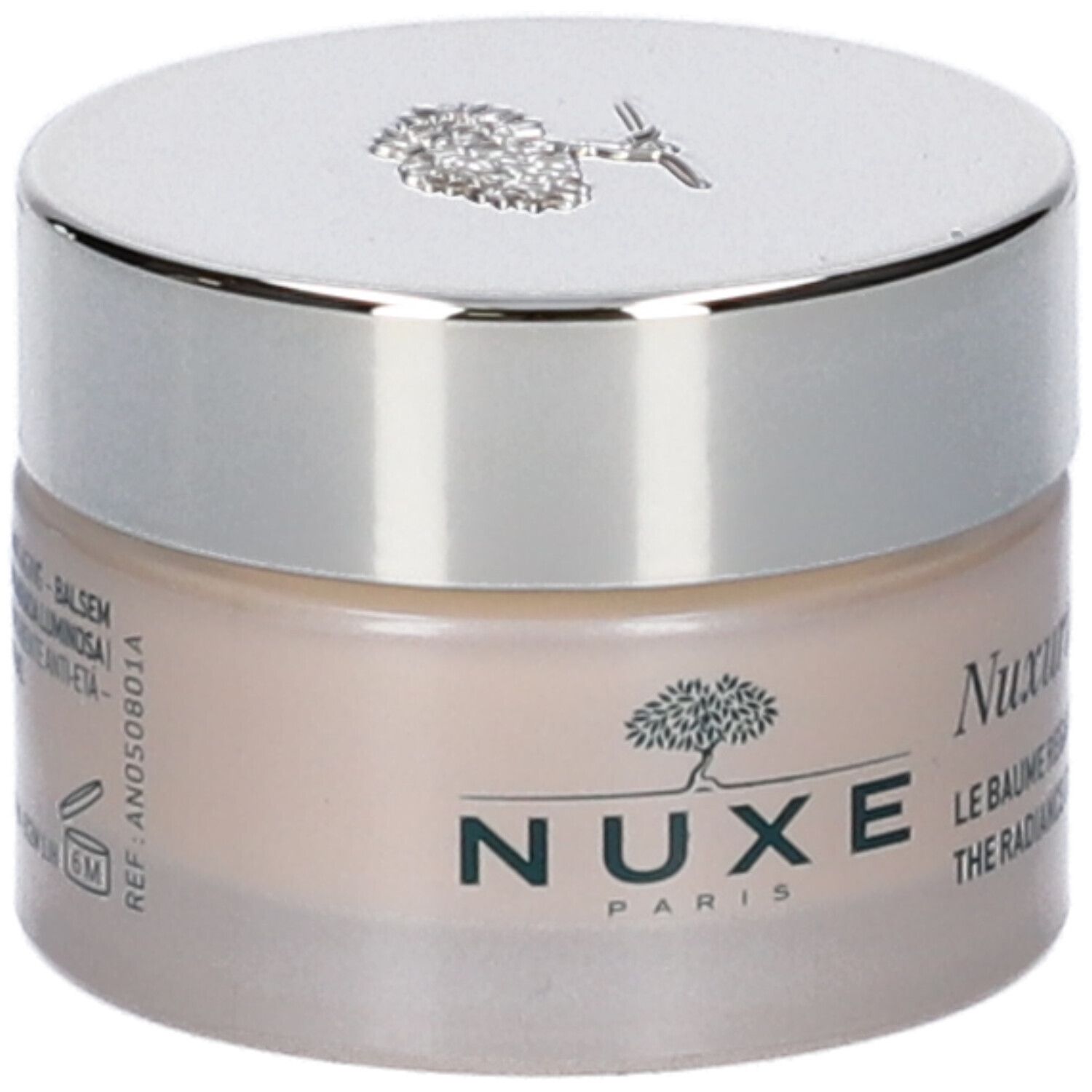 Vasetto di crema con coperchio argentato. NUXE, Nuxuriance e testo multilingue sul vasetto.