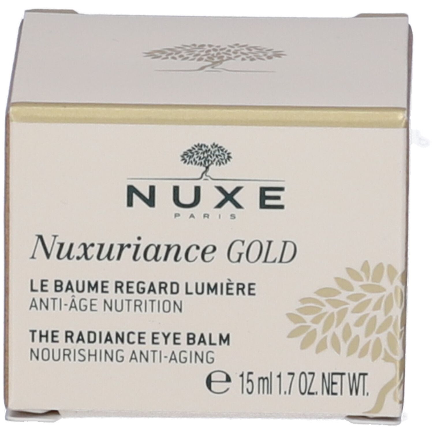 Scatola beige con elementi dorati. NUXE Nuxuriance Gold e testo multilingue sulla scatola.