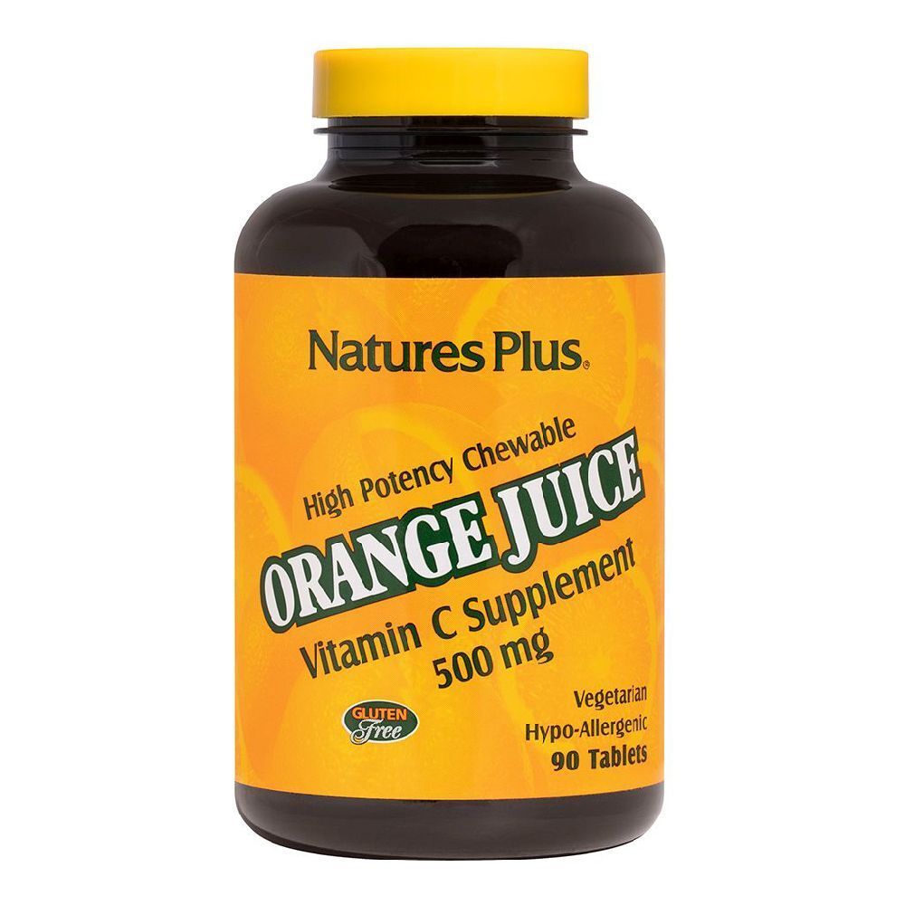 Flacone marrone, tappo giallo. Scritta: Orange Juice, Vitamina C 500 mg, 90 compresse. Senza glutine.