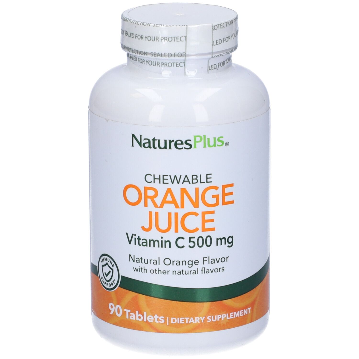 Flacone bianco, tappo bianco. Scritta: Orange Juice, Vitamina C 500 mg, 90 compresse. Gusto arancia.