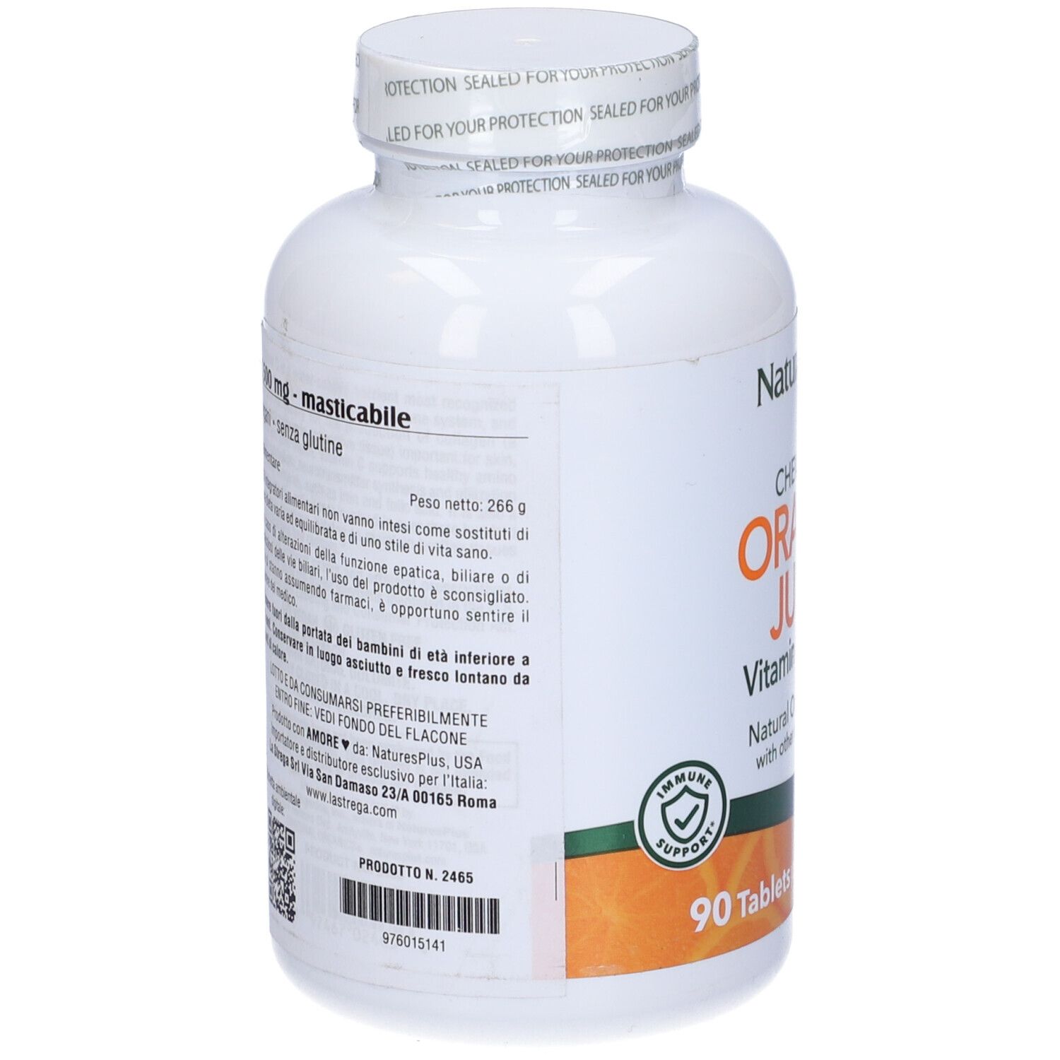 Flacone bianco, tappo bianco. Scritta: Orange Juice, Vitamina C 500 mg, 90 compresse. Testo sul retro.