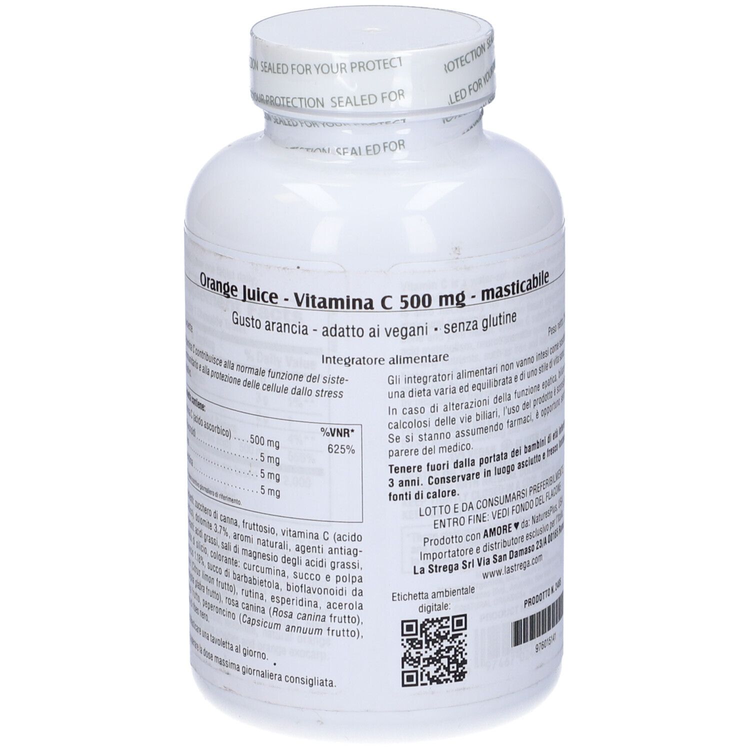 Flacone bianco, tappo bianco. Scritta: Orange Juice, Vitamina C 500 mg, 90 compresse. Testo sul retro.