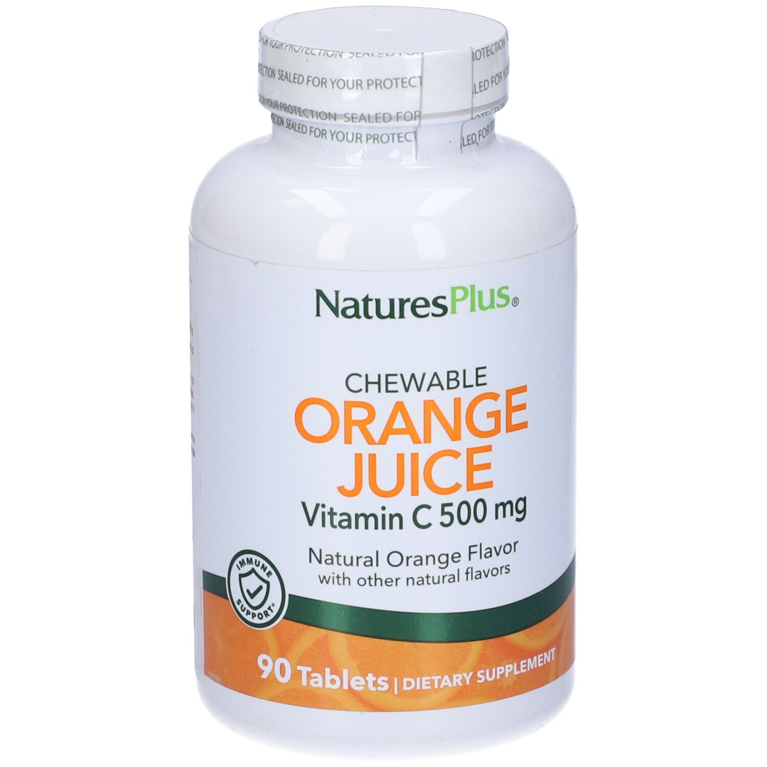 Flacone bianco, tappo bianco. Scritta: Orange Juice, Vitamina C 500 mg, 90 compresse. Parte anteriore.