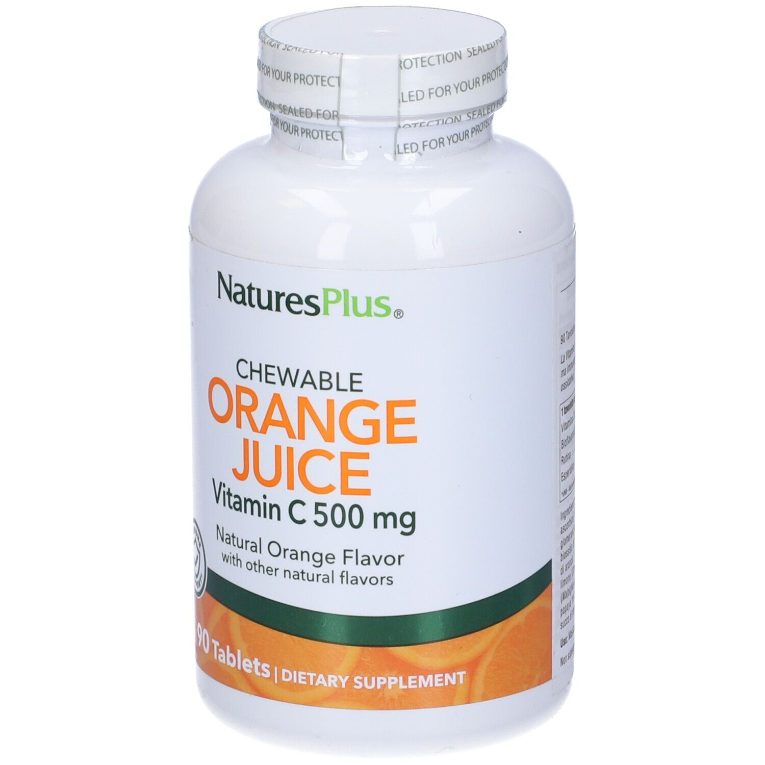 Flacone bianco, tappo bianco. Scritta: Orange Juice, Vitamina C 500 mg, 90 compresse. Parte anteriore.
