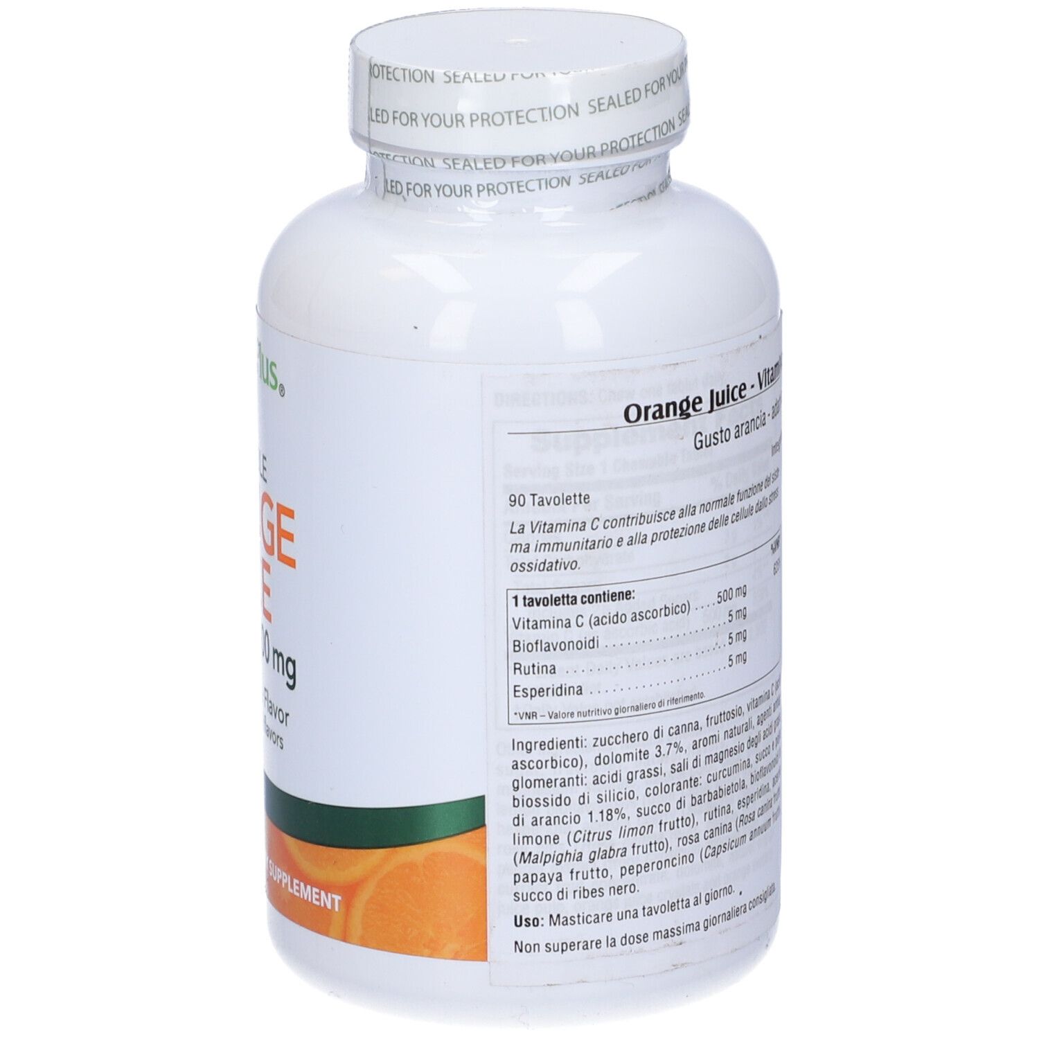 Flacone bianco, tappo bianco. Scritta: Orange Juice, Vitamina C 500 mg, 90 compresse. Testo sul retro.