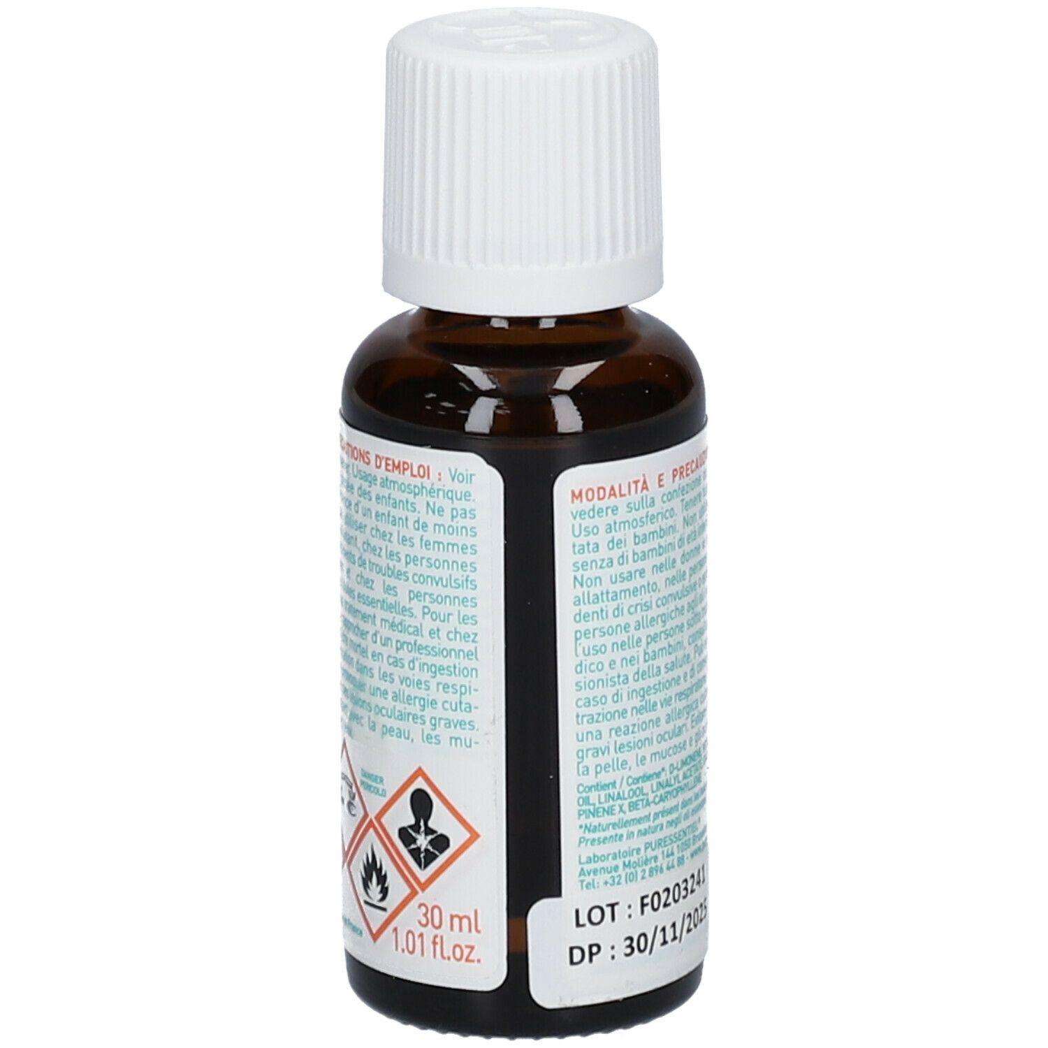 Flacone vetro marrone, tappo bianco. Puressentiel. Oli per diffusione. 30 ml. Avvertenze e simboli di pericolo.