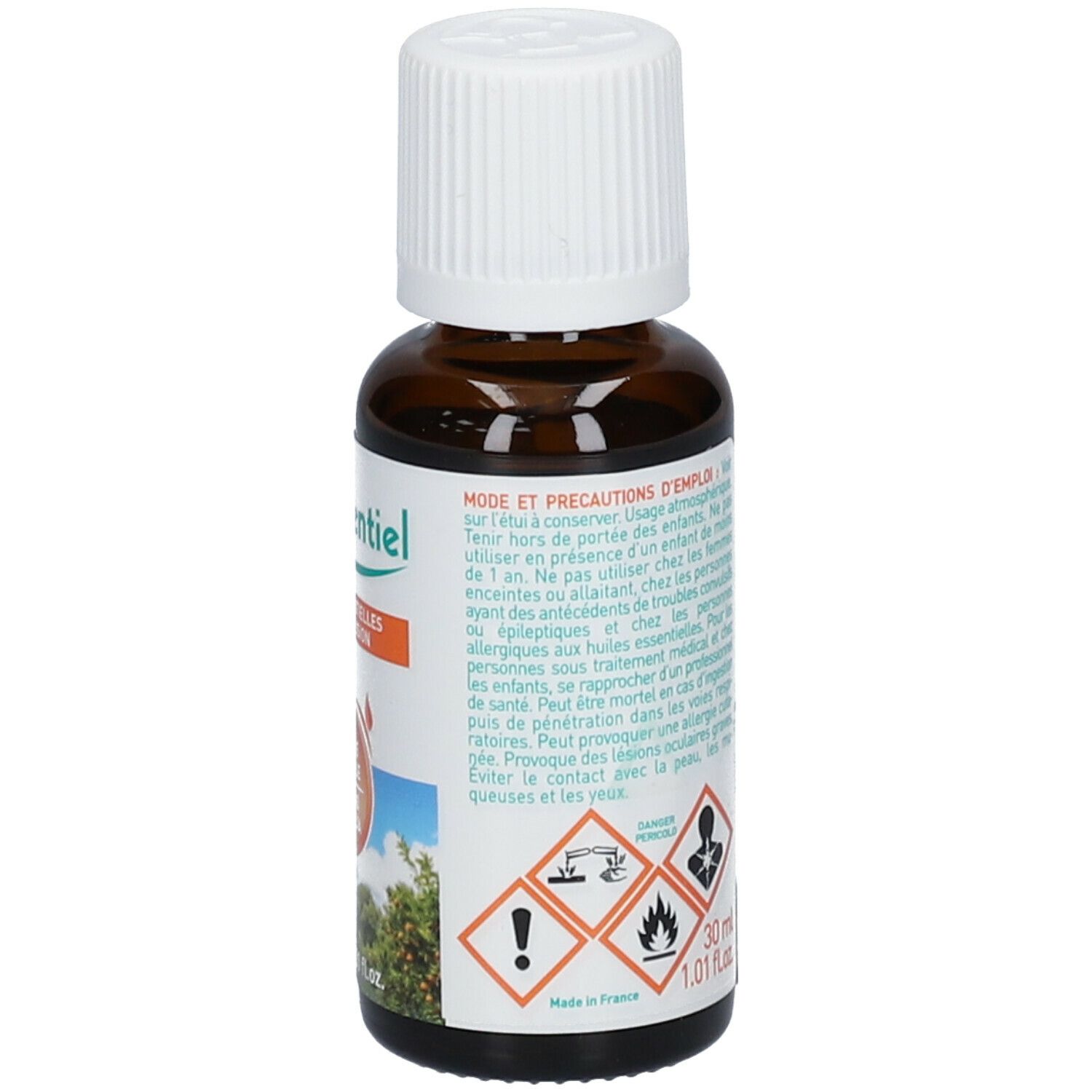 Flacone vetro marrone, tappo bianco. Puressentiel. Oli per diffusione. 30 ml. Avvertenze e simboli di pericolo.