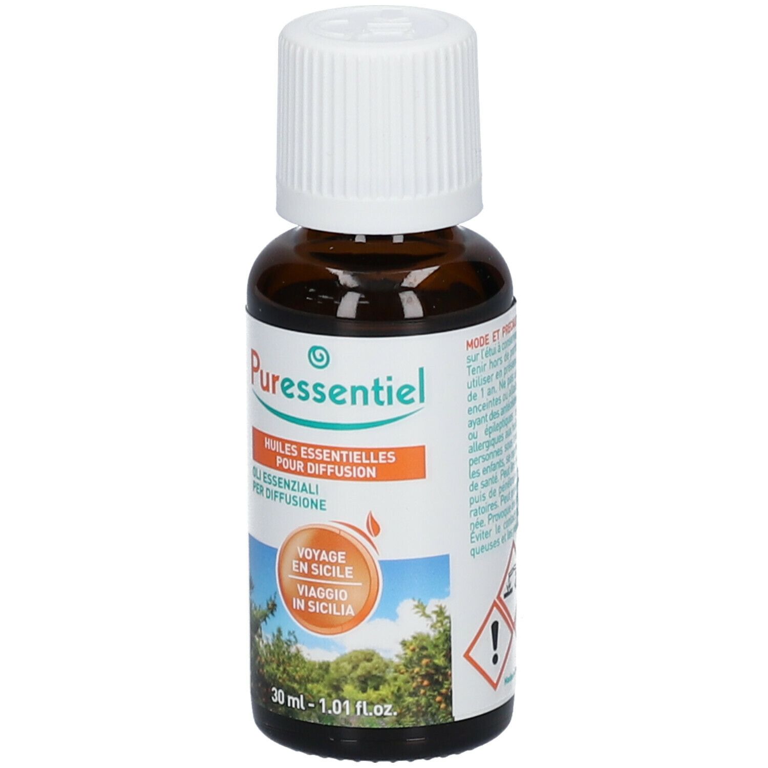 Flacone vetro marrone, tappo bianco. Puressentiel. Oli per diffusione. Viaggio in Sicilia. 30 ml.