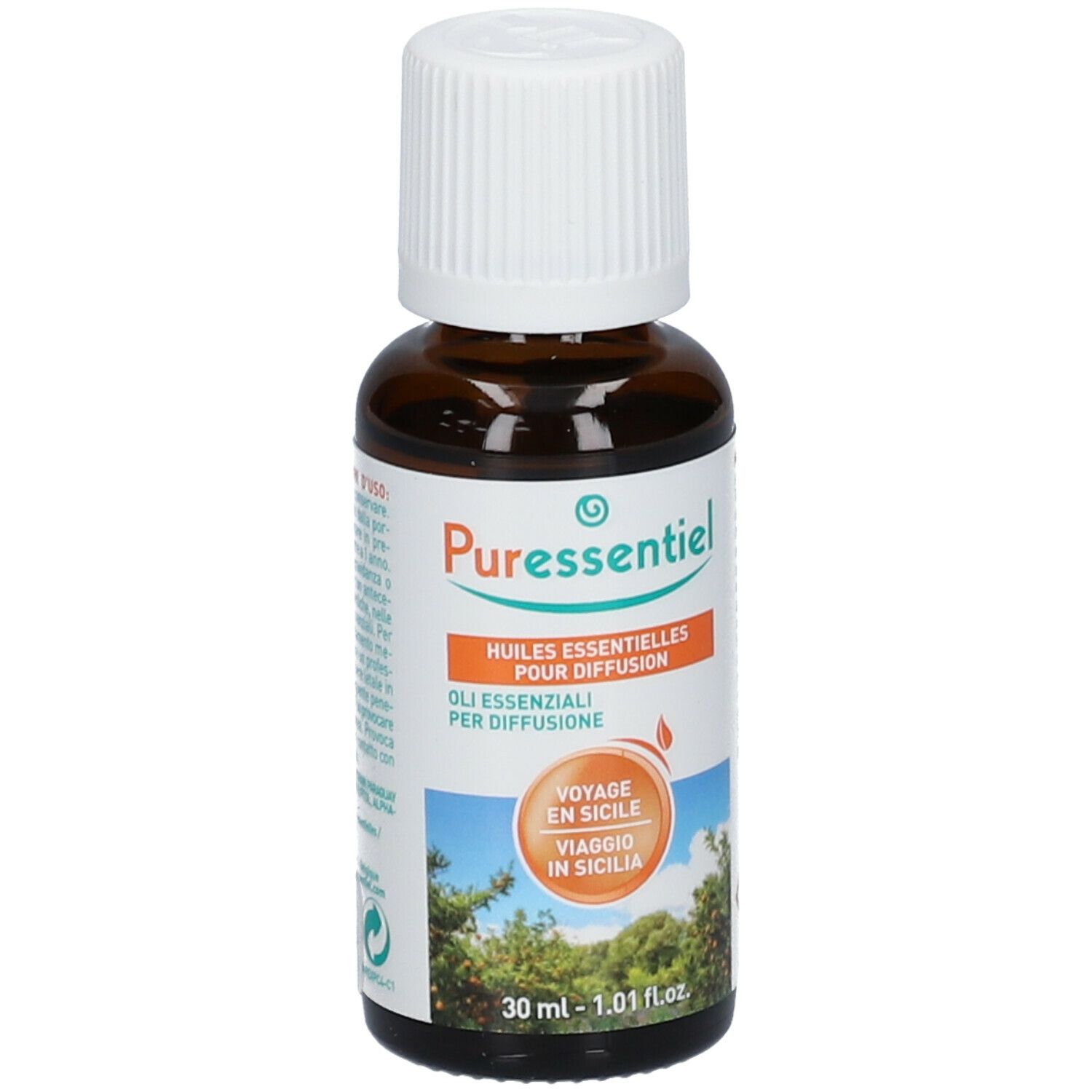 Flacone vetro marrone, tappo bianco. Puressentiel. Oli per diffusione. Viaggio in Sicilia. 30 ml.