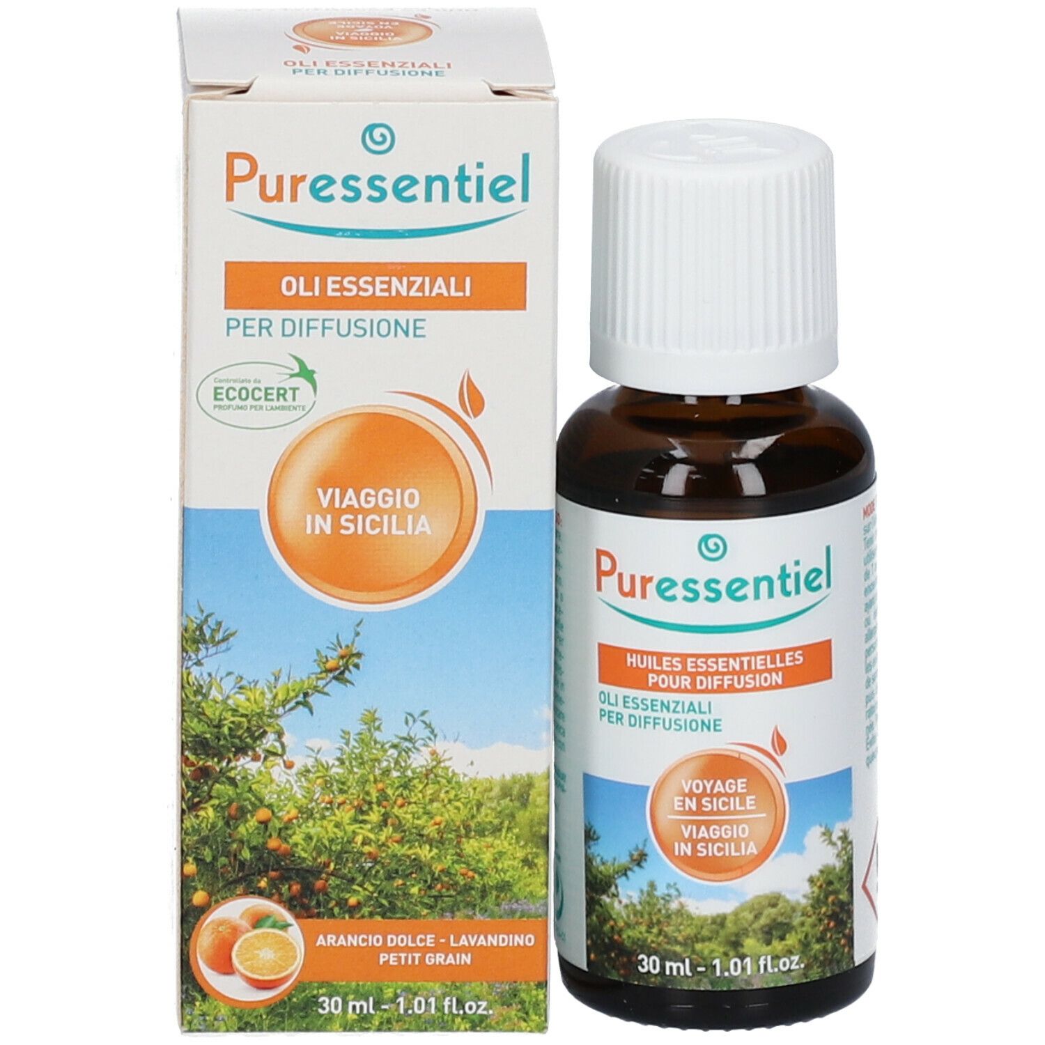 Confezione e flacone Puressentiel. Oli per diffusione. Viaggio in Sicilia. Certificazione ECOCERT. 30 ml.