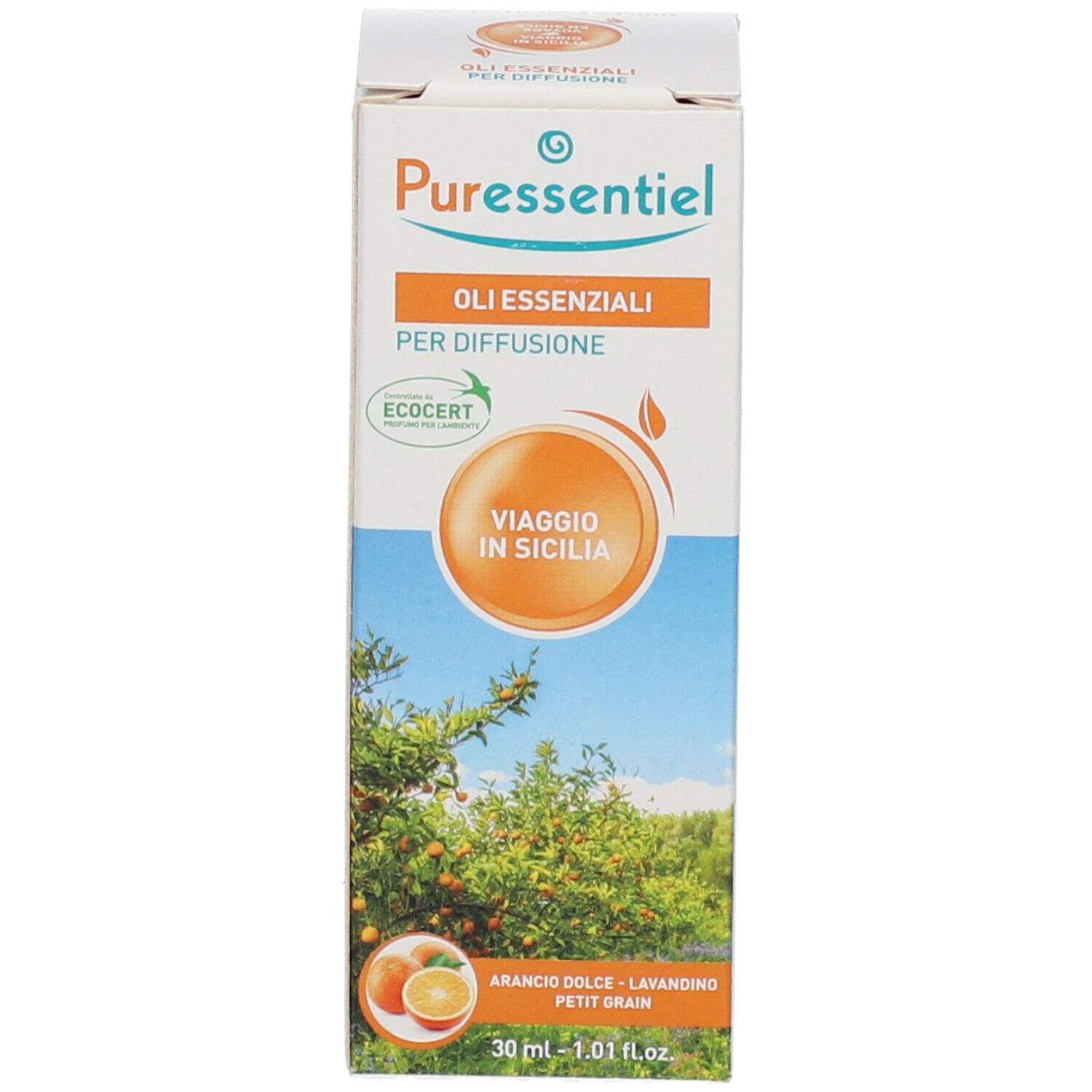 Confezione Puressentiel. Oli per diffusione. Viaggio in Sicilia. Certificazione ECOCERT. 30 ml.