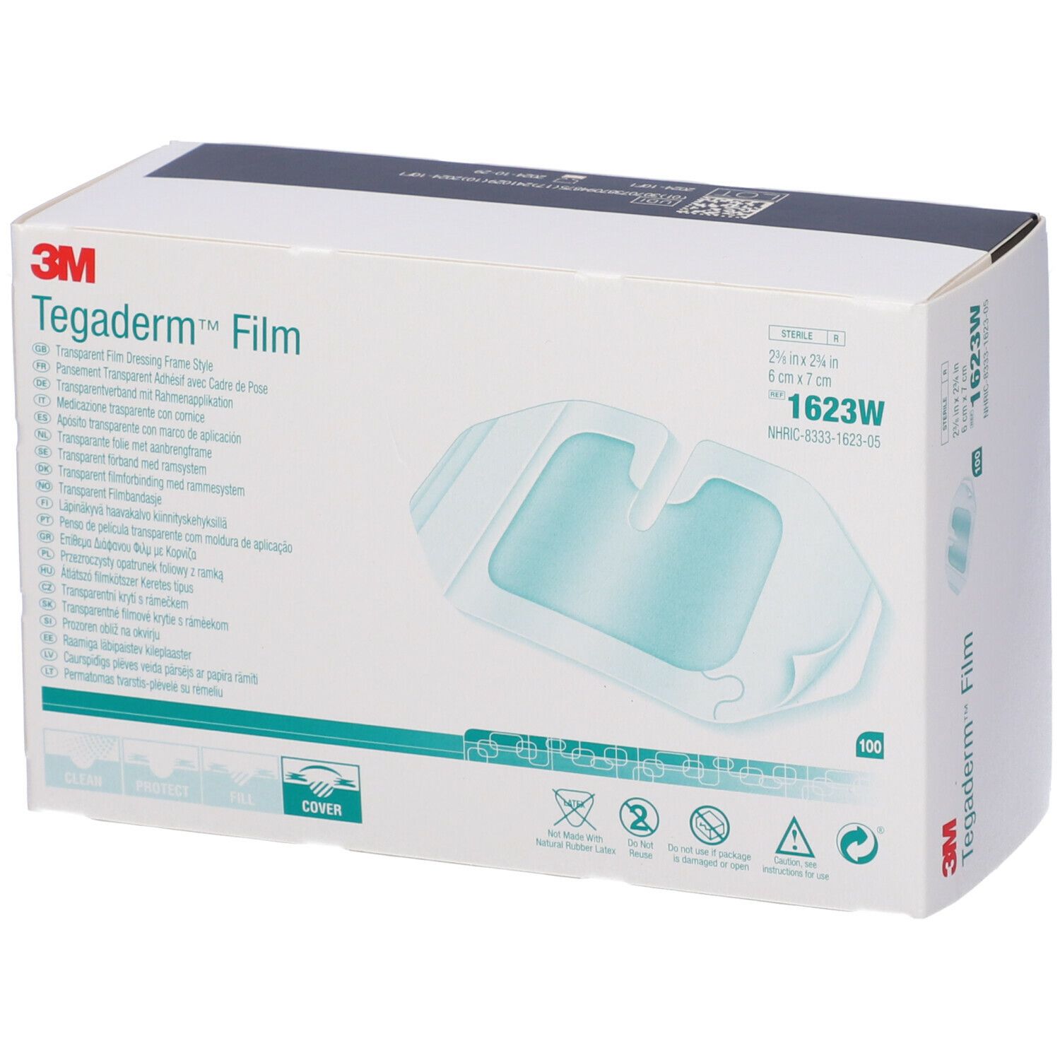 Confezione di 3M Tegaderm™ Film. Contiene 100 pezzi. Dimensioni 6 x 7 cm. Informazioni e pittogrammi stampati.