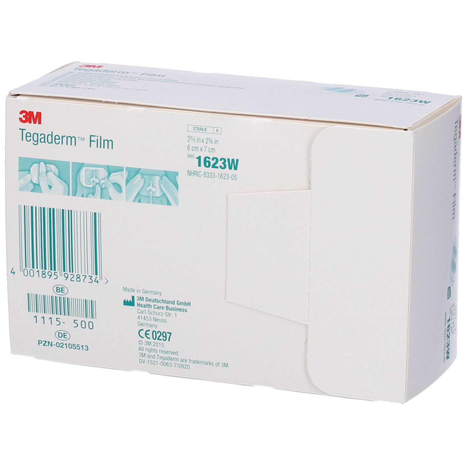 Confezione di 3M Tegaderm™ Film. Contiene 100 pezzi. Dimensioni 6 x 7 cm. Informazioni e pittogrammi stampati.