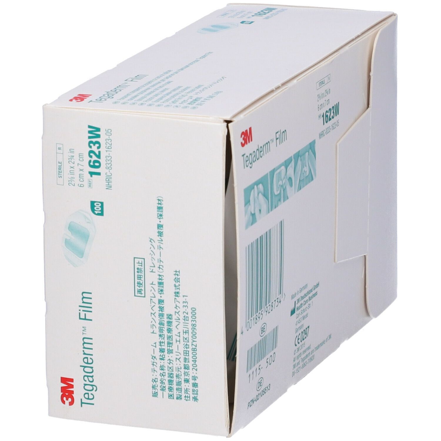 Confezione di 3M Tegaderm™ Film. Contiene 100 pezzi. Dimensioni 6 x 7 cm. Informazioni e pittogrammi stampati.