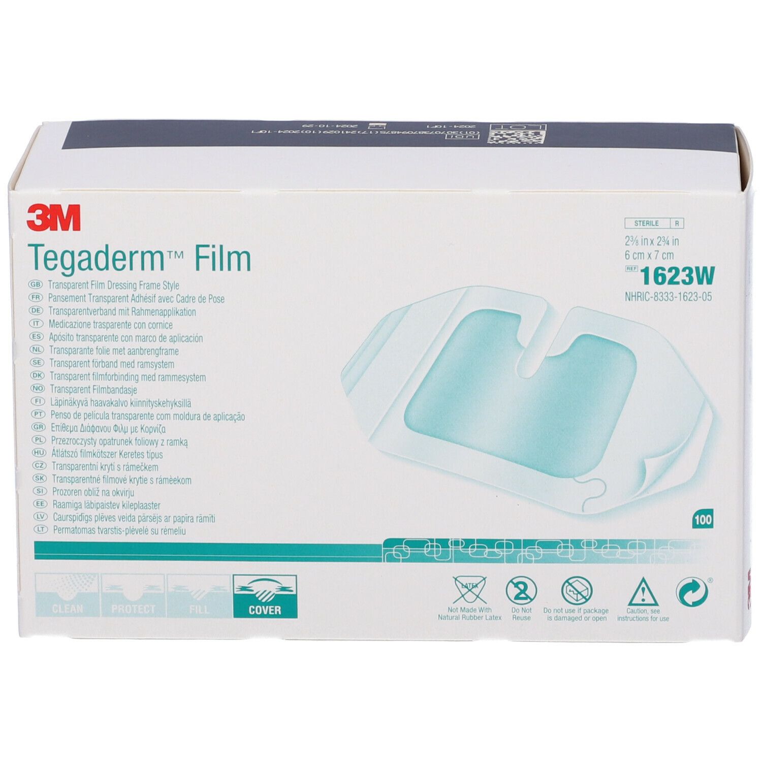 Confezione di 3M Tegaderm™ Film. Contiene 100 pezzi. Dimensioni 6 x 7 cm. Informazioni e pittogrammi stampati.